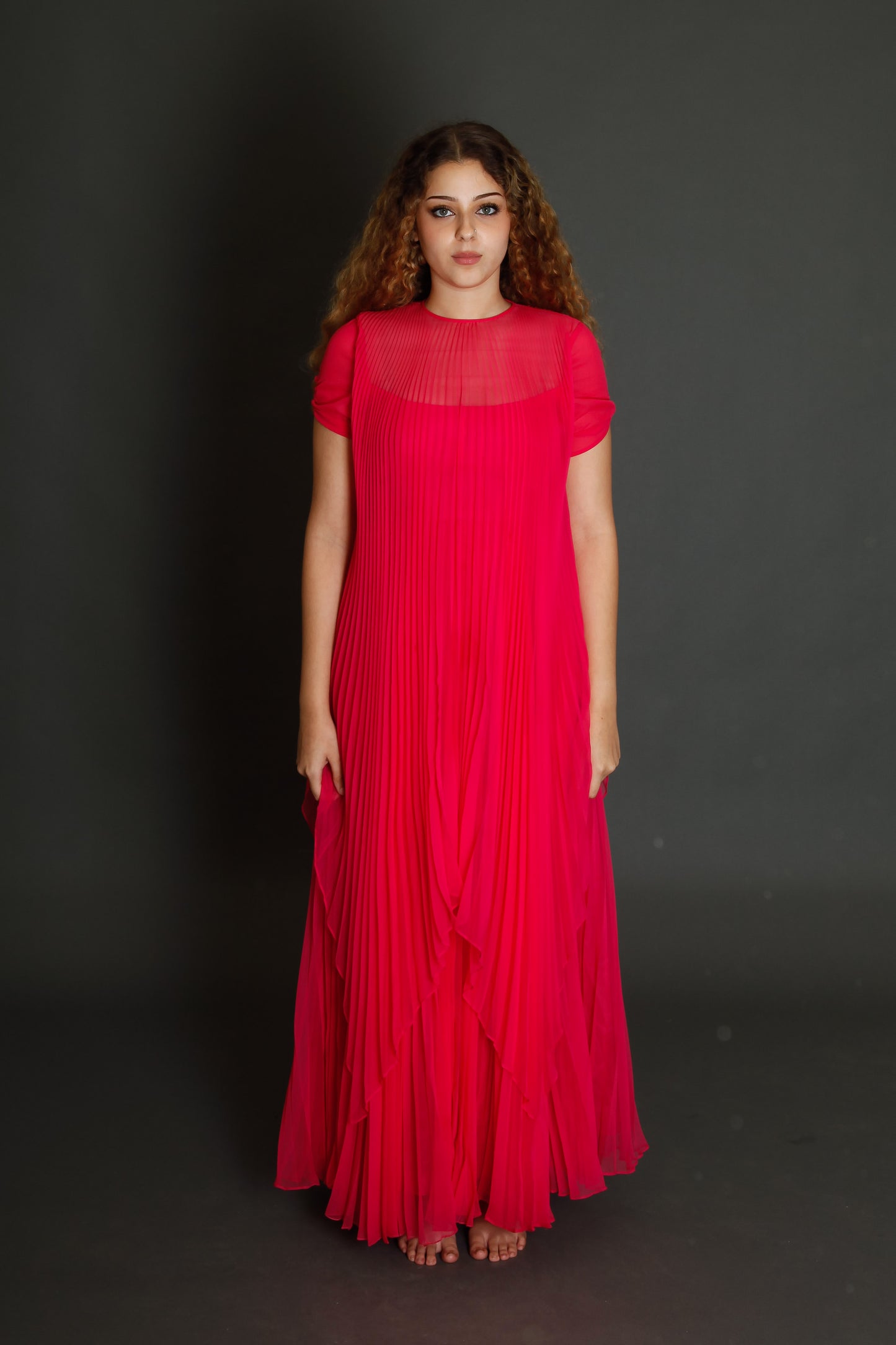 70s Neon Pink Pleated Gown