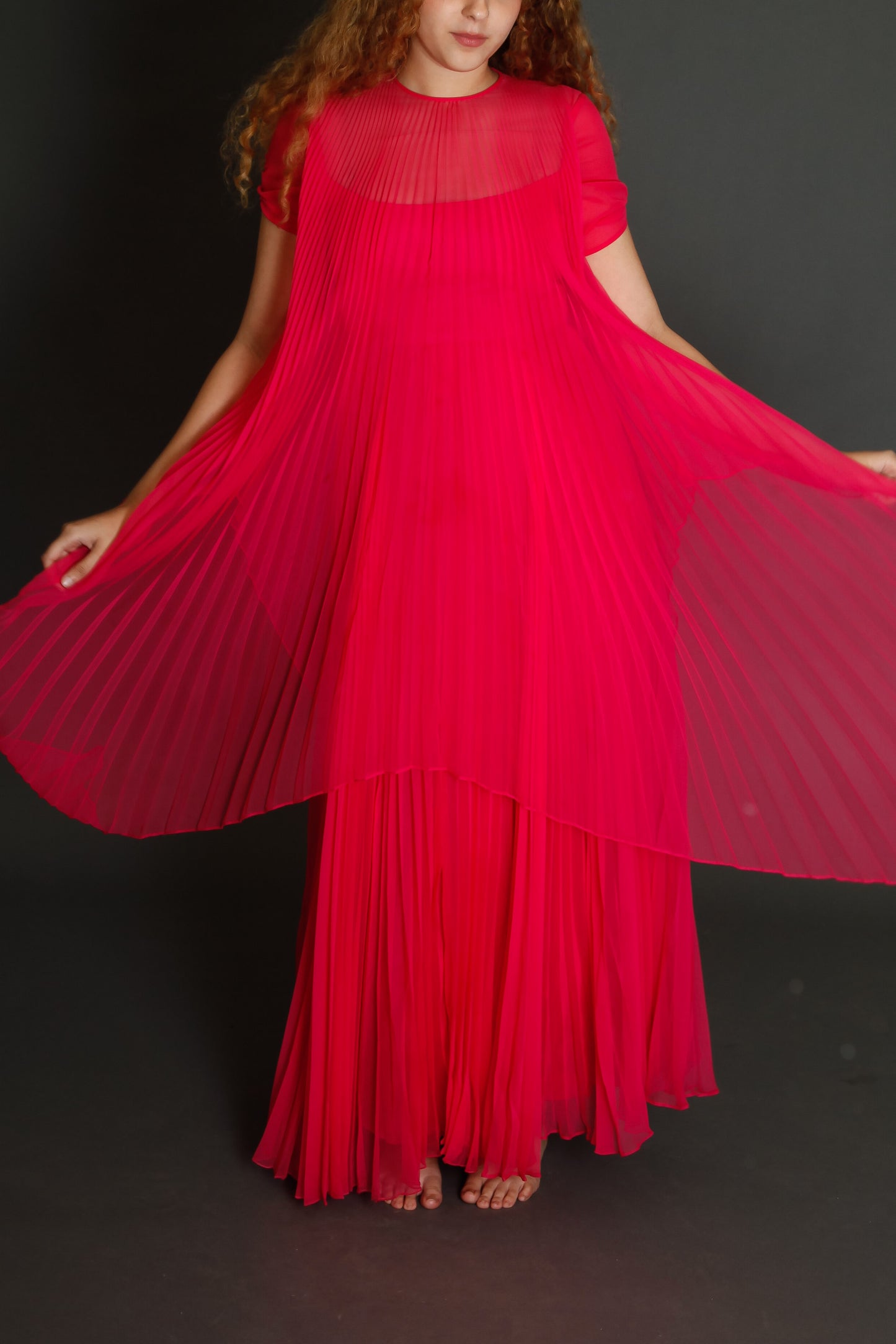 70s Neon Pink Pleated Gown