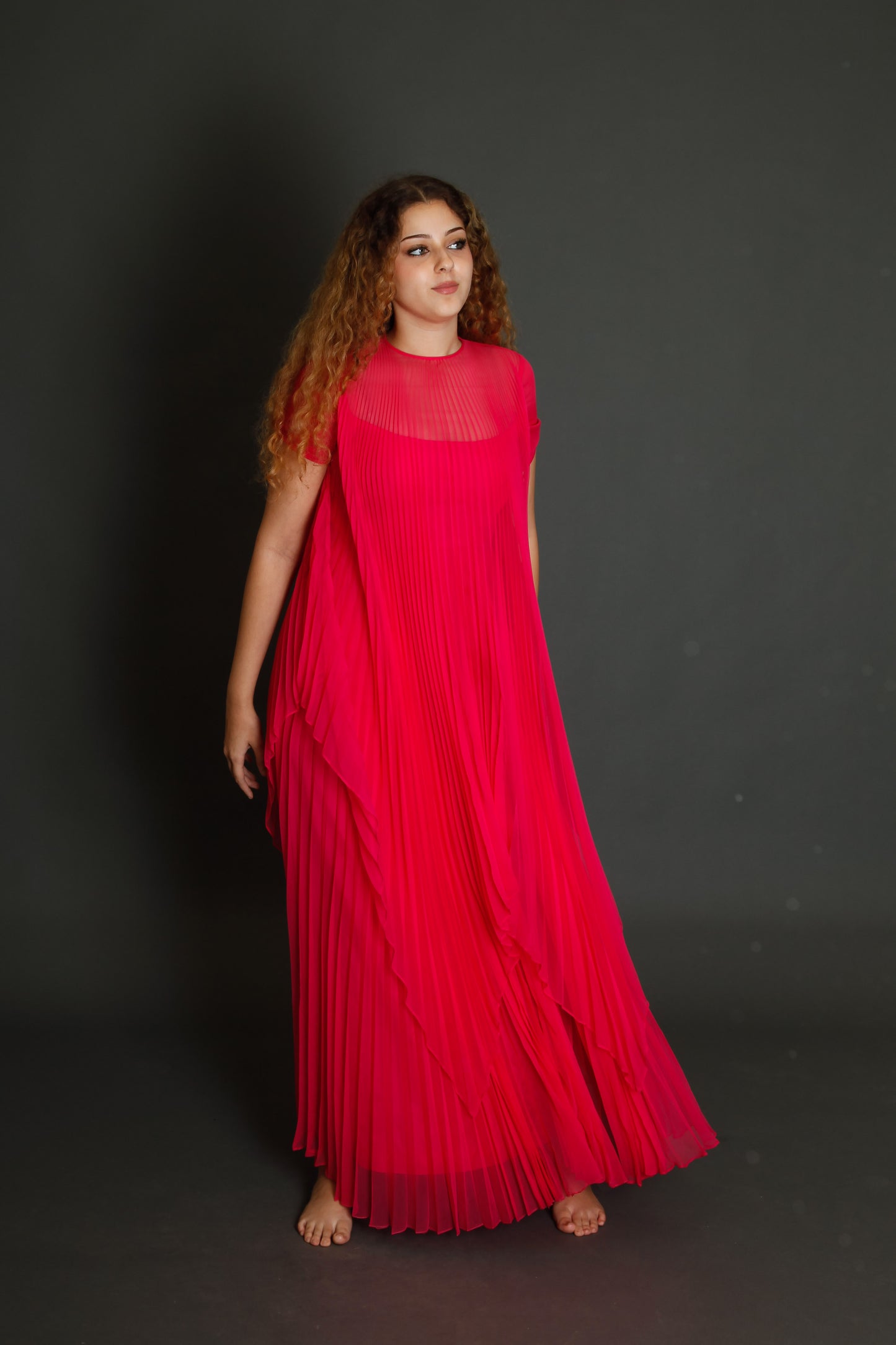 70s Neon Pink Pleated Gown