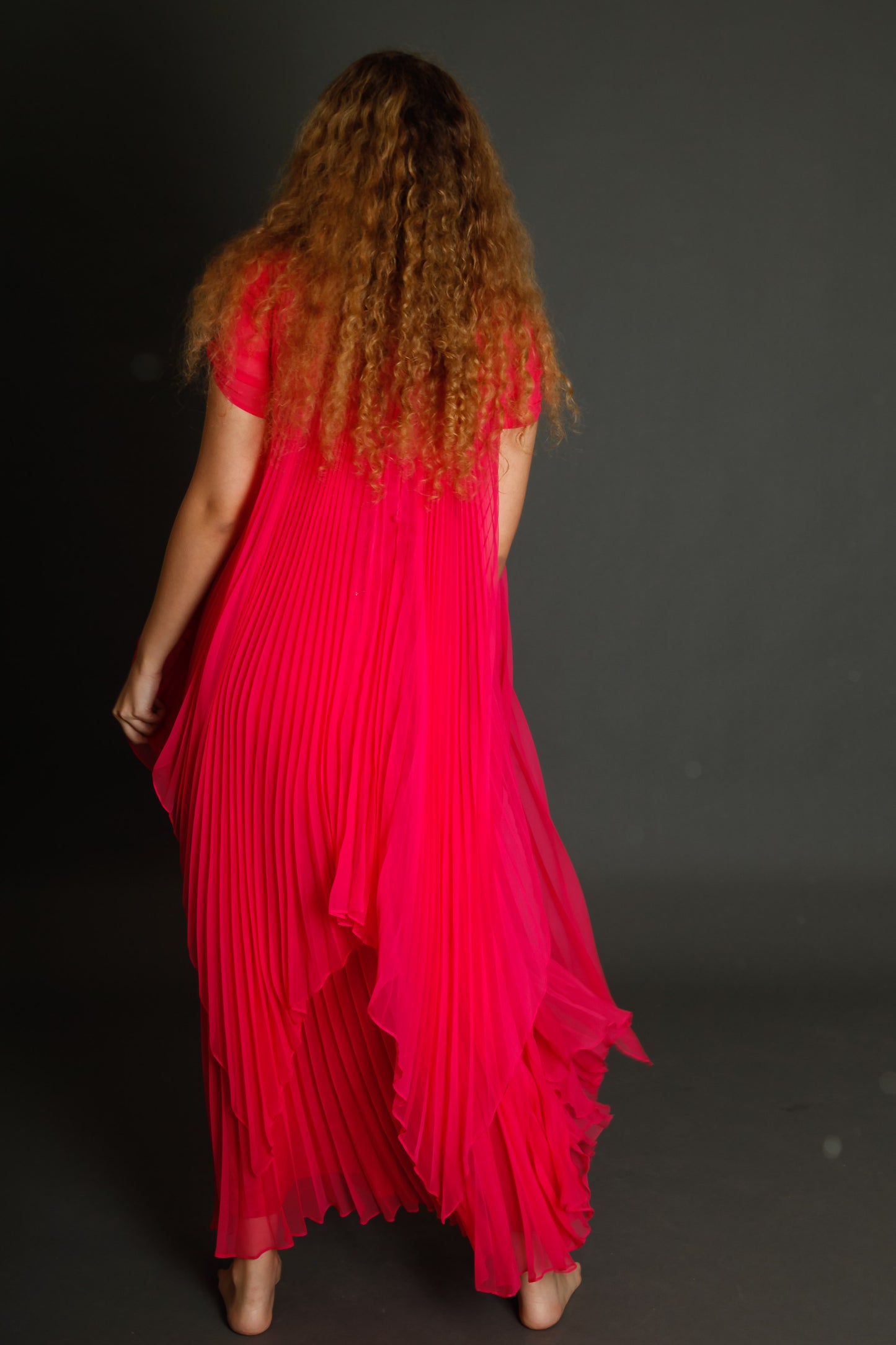 70s Neon Pink Pleated Gown