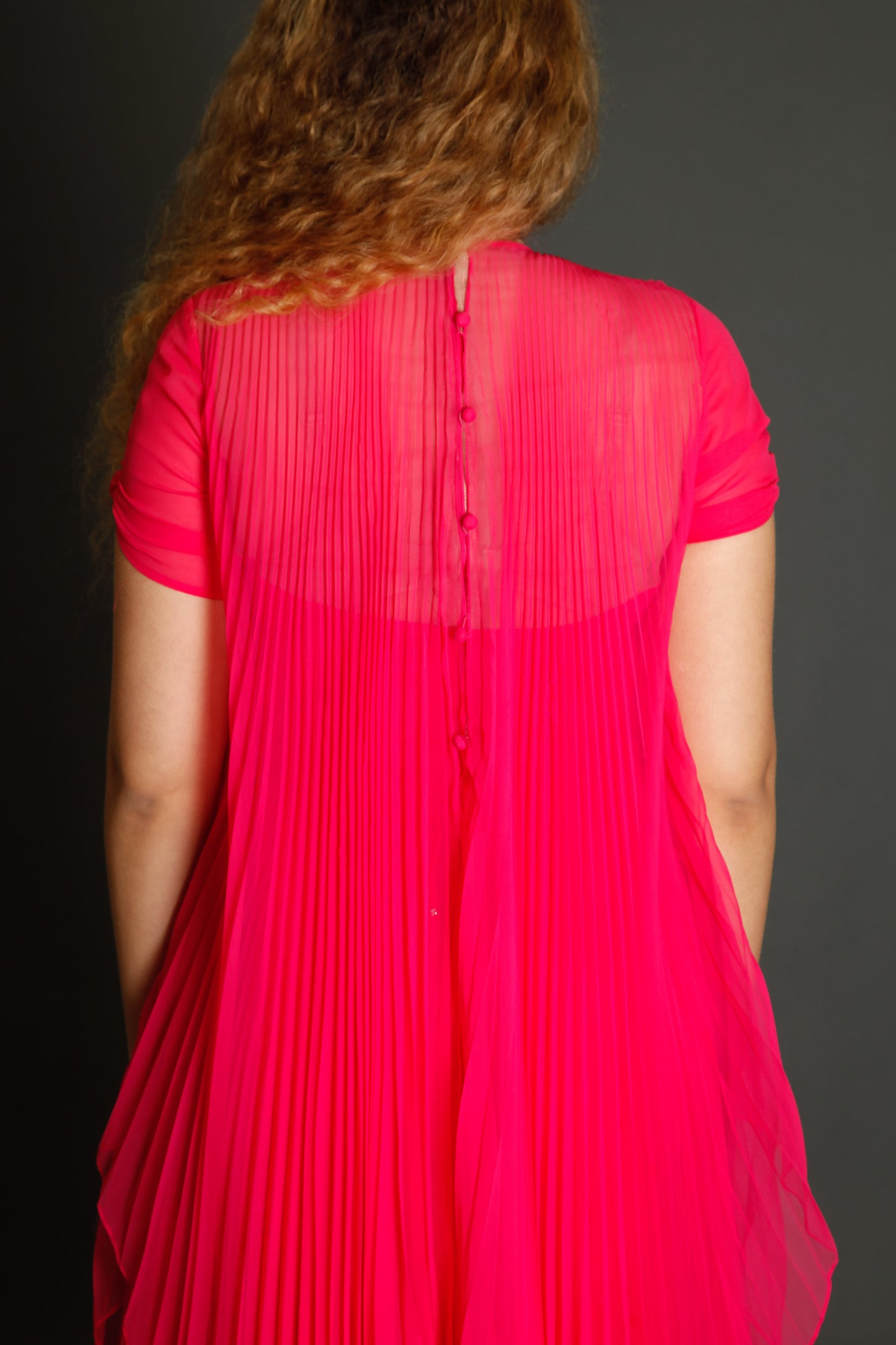 70s Neon Pink Pleated Gown
