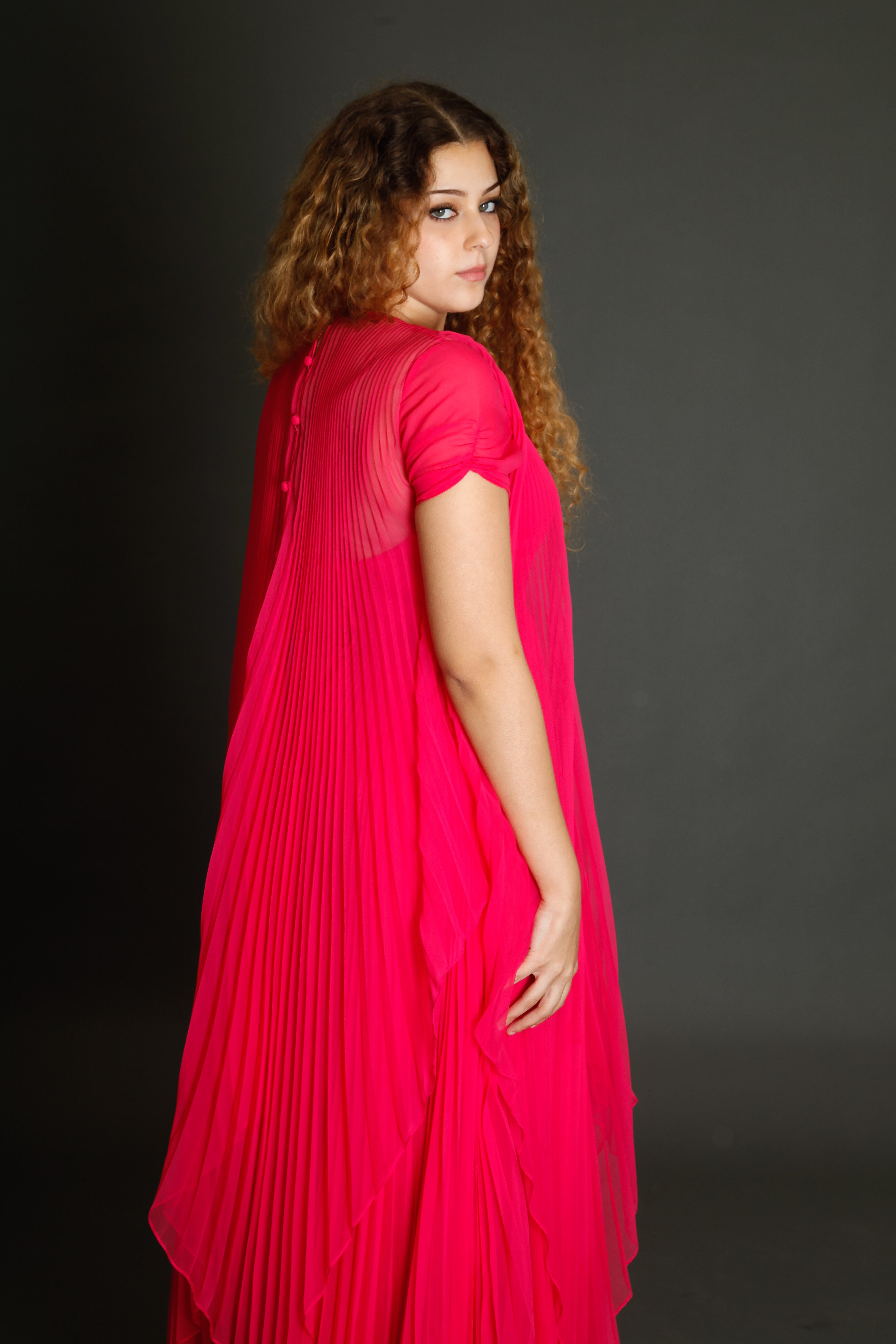 70s Neon Pink Pleated Gown