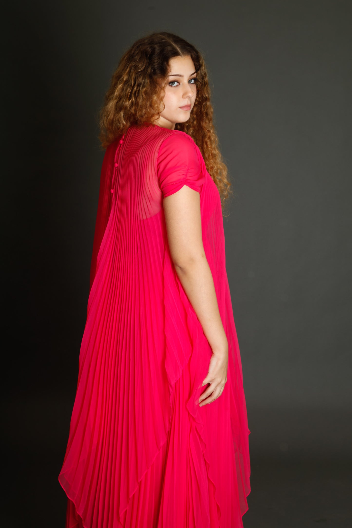 70s Neon Pink Pleated Gown