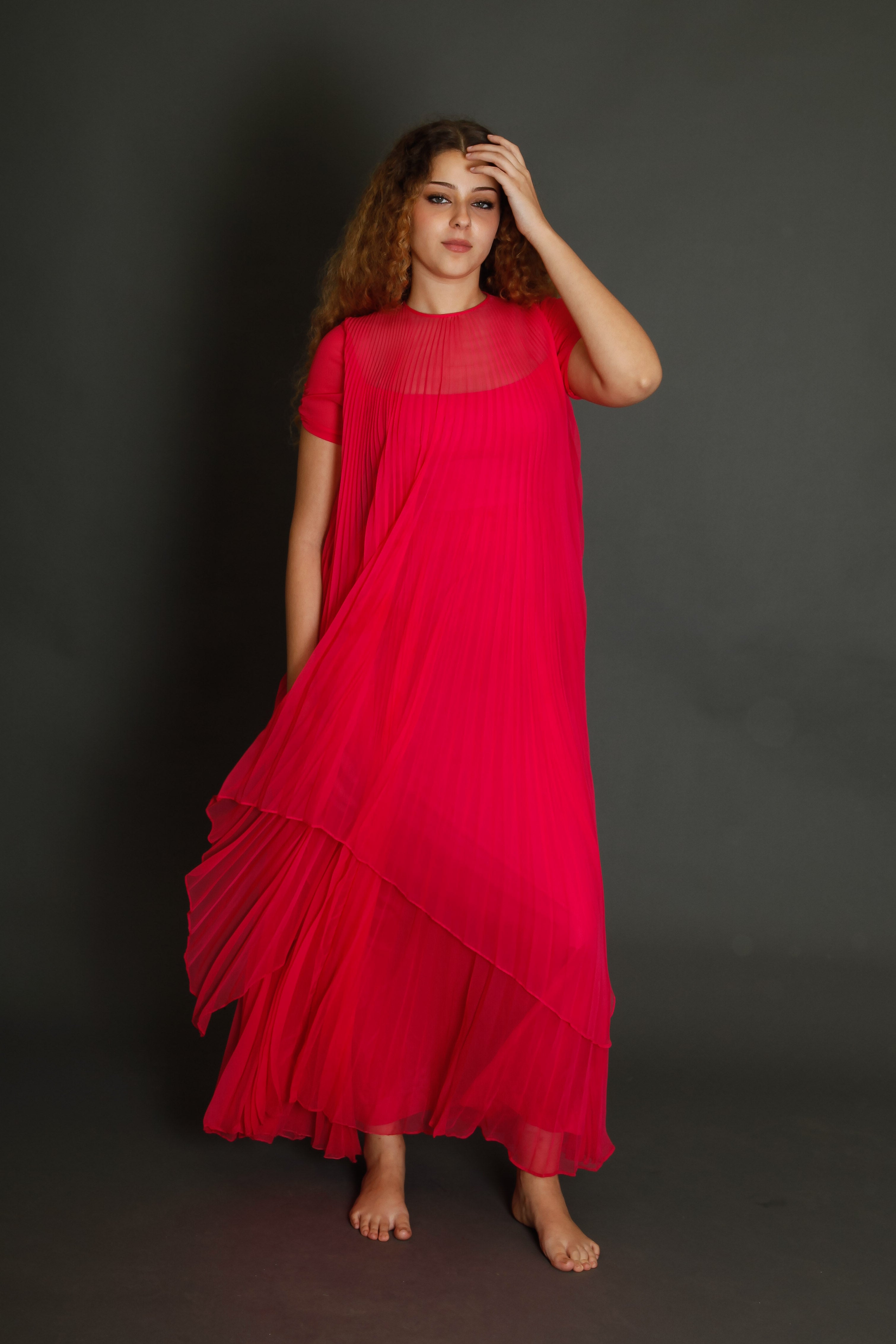 70s Neon Pink Pleated Gown