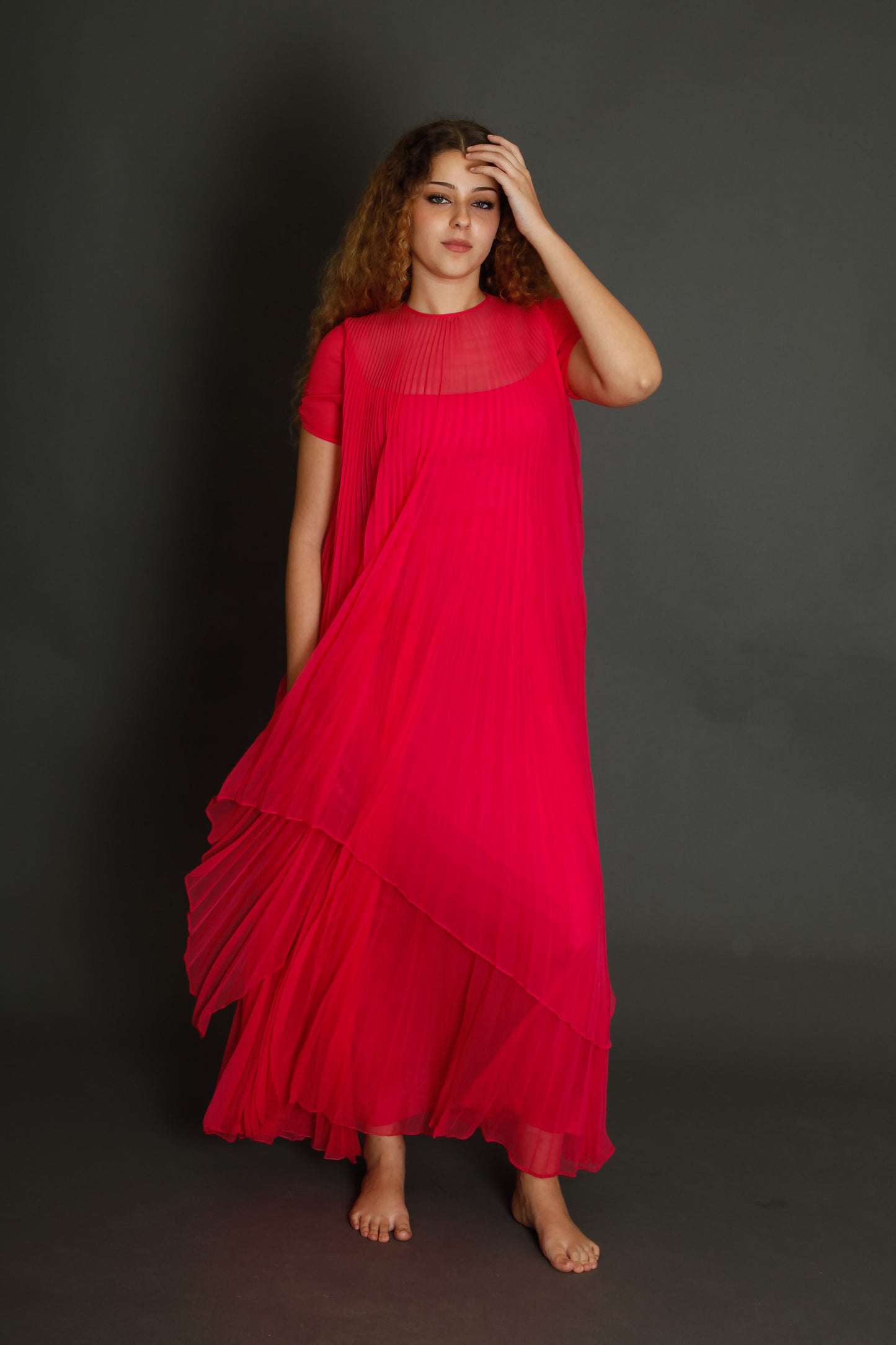 70s Neon Pink Pleated Gown