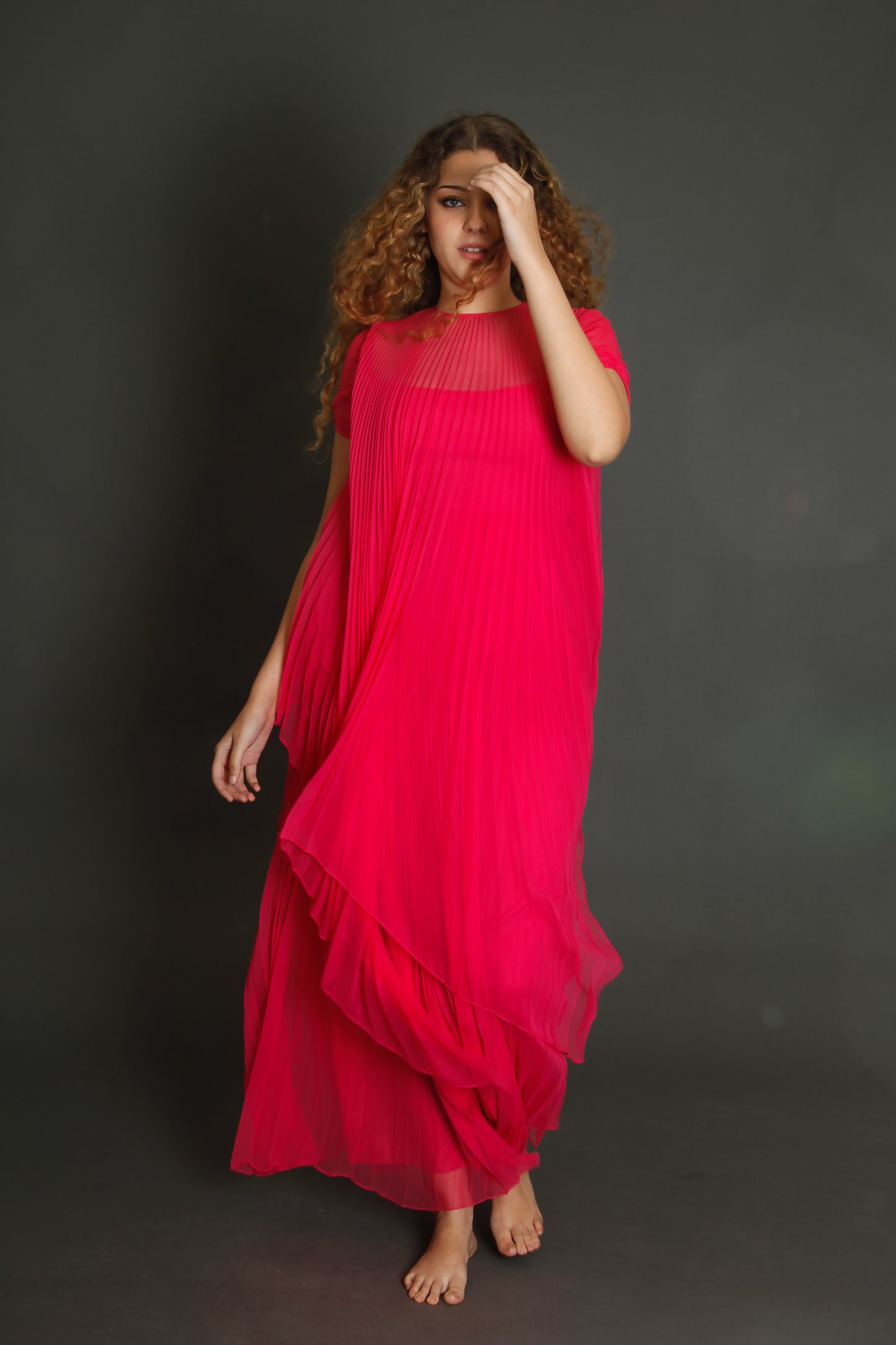 70s Neon Pink Pleated Gown