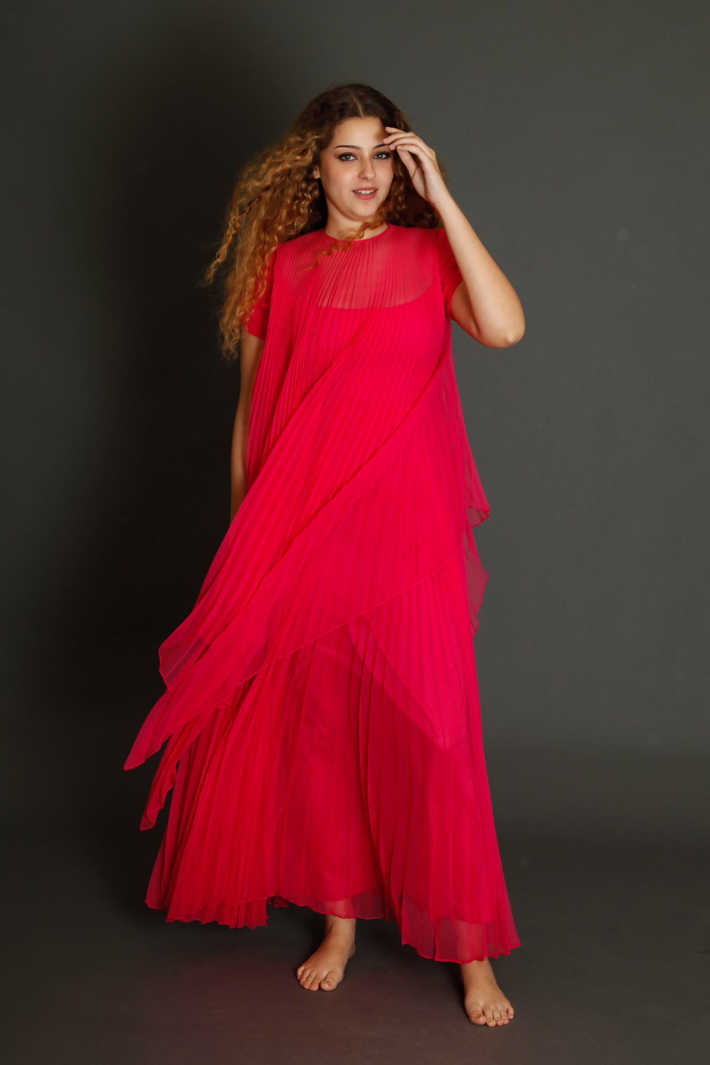 70s Neon Pink Pleated Gown