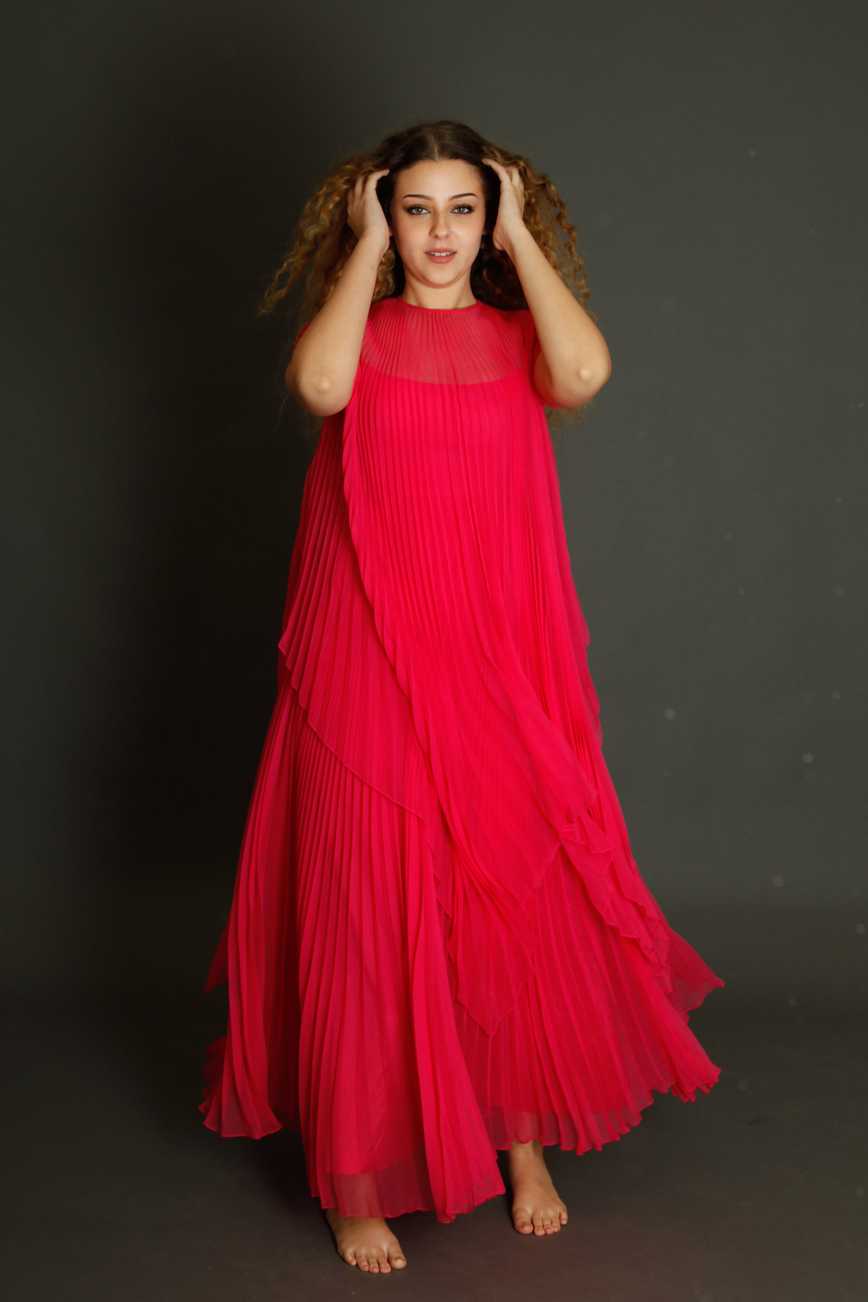 70s Neon Pink Pleated Gown