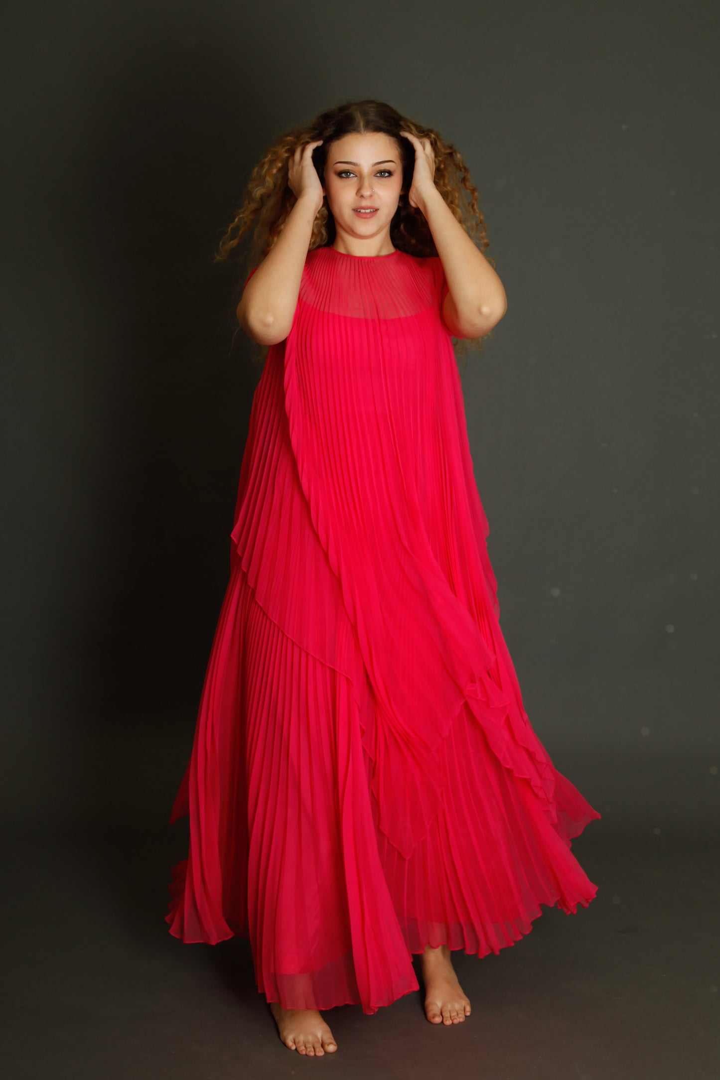 70s Neon Pink Pleated Gown