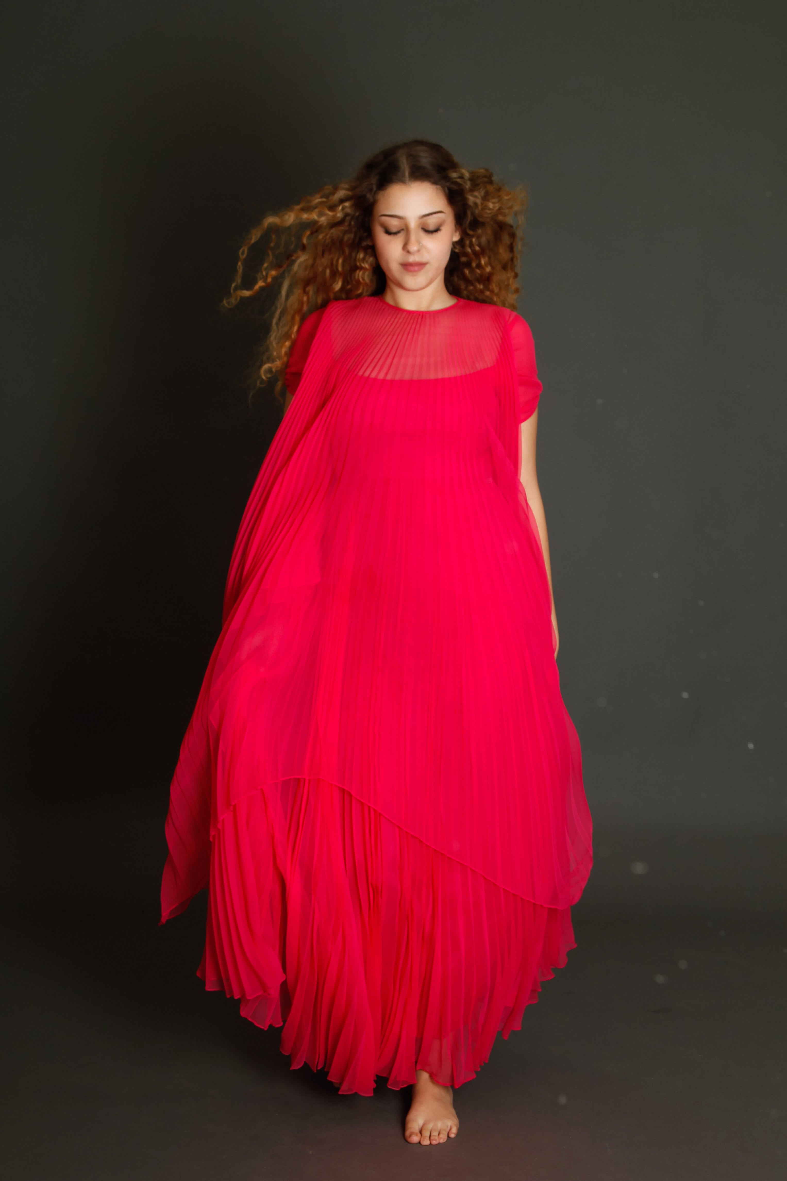 70s Neon Pink Pleated Gown