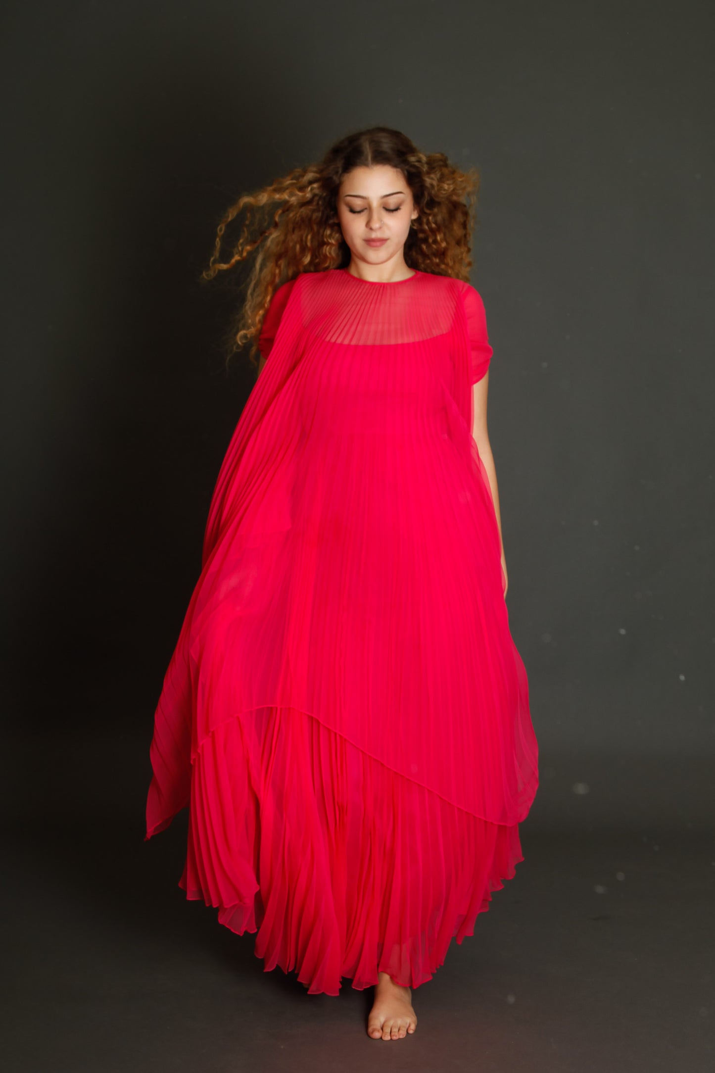 70s Neon Pink Pleated Gown