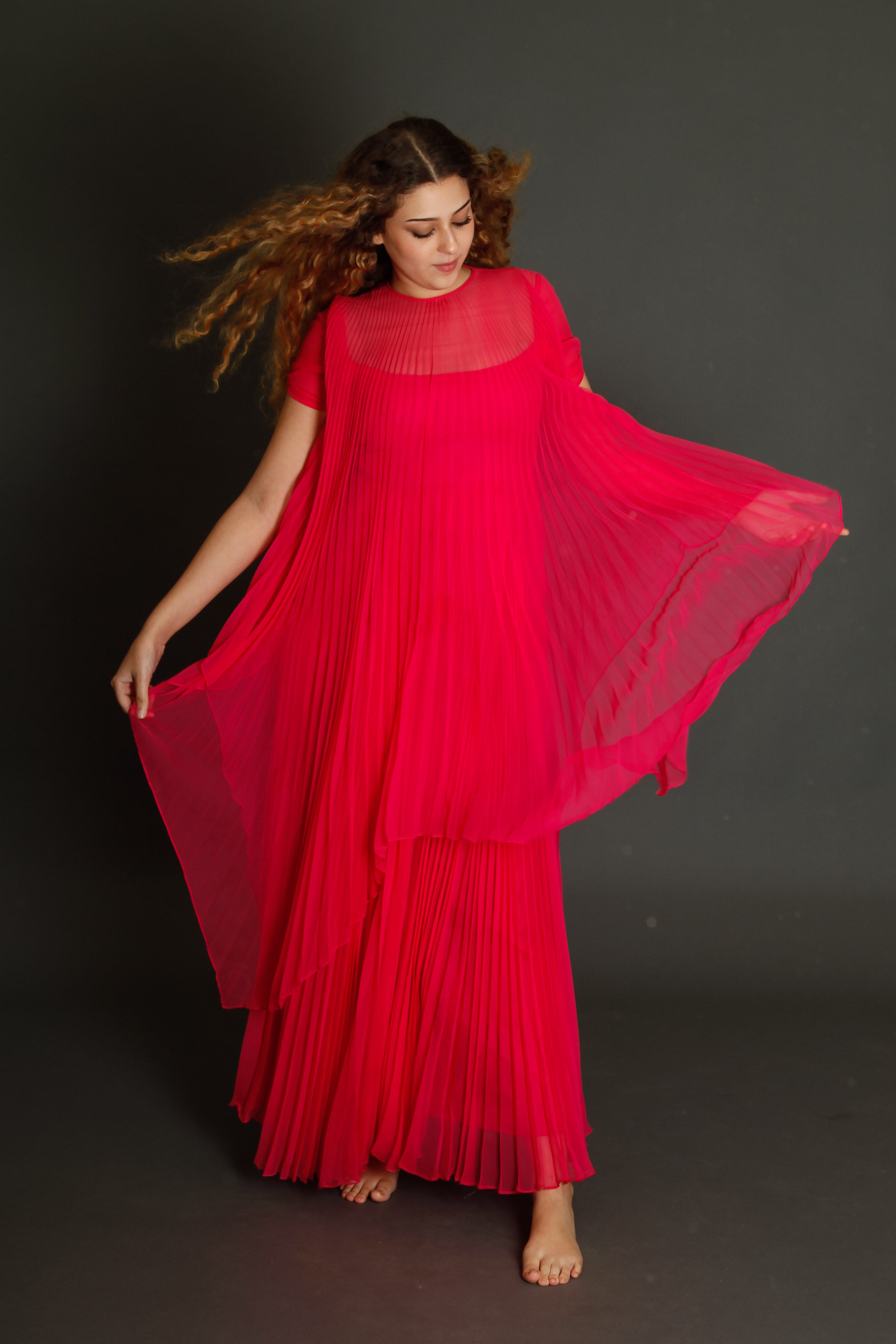 70s Neon Pink Pleated Gown