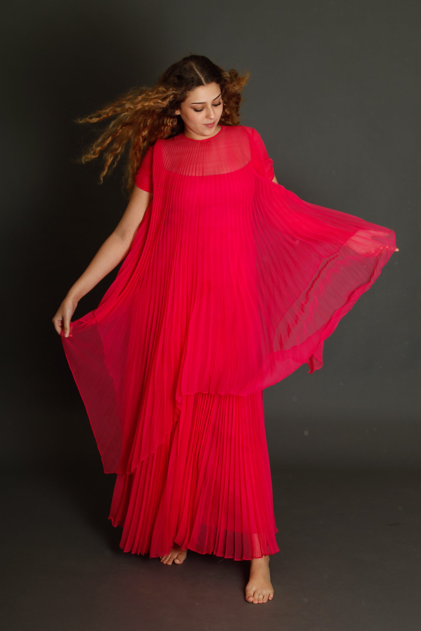 70s Neon Pink Pleated Gown