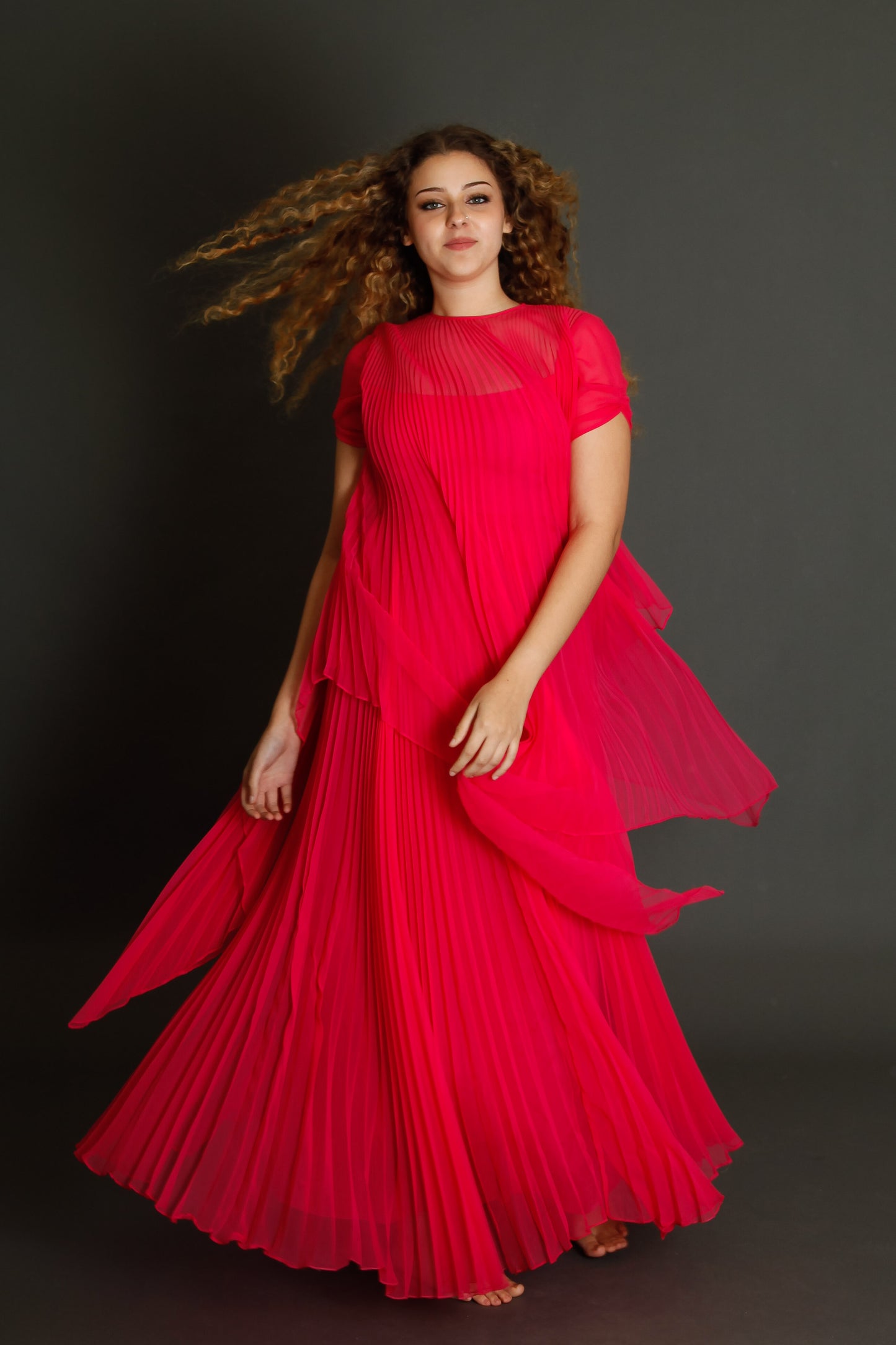 70s Neon Pink Pleated Gown