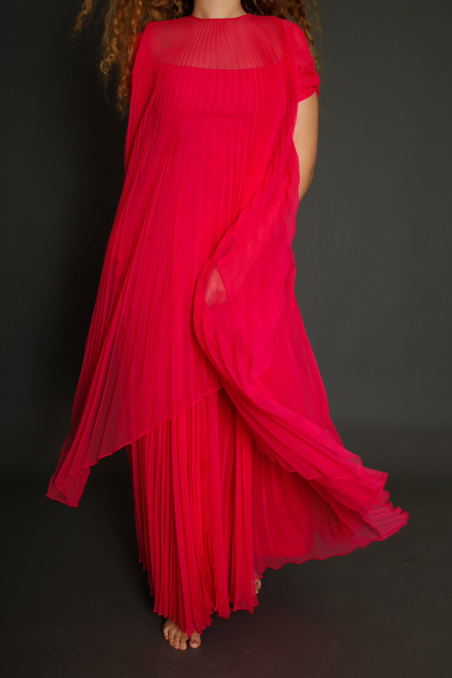 70s Neon Pink Pleated Gown