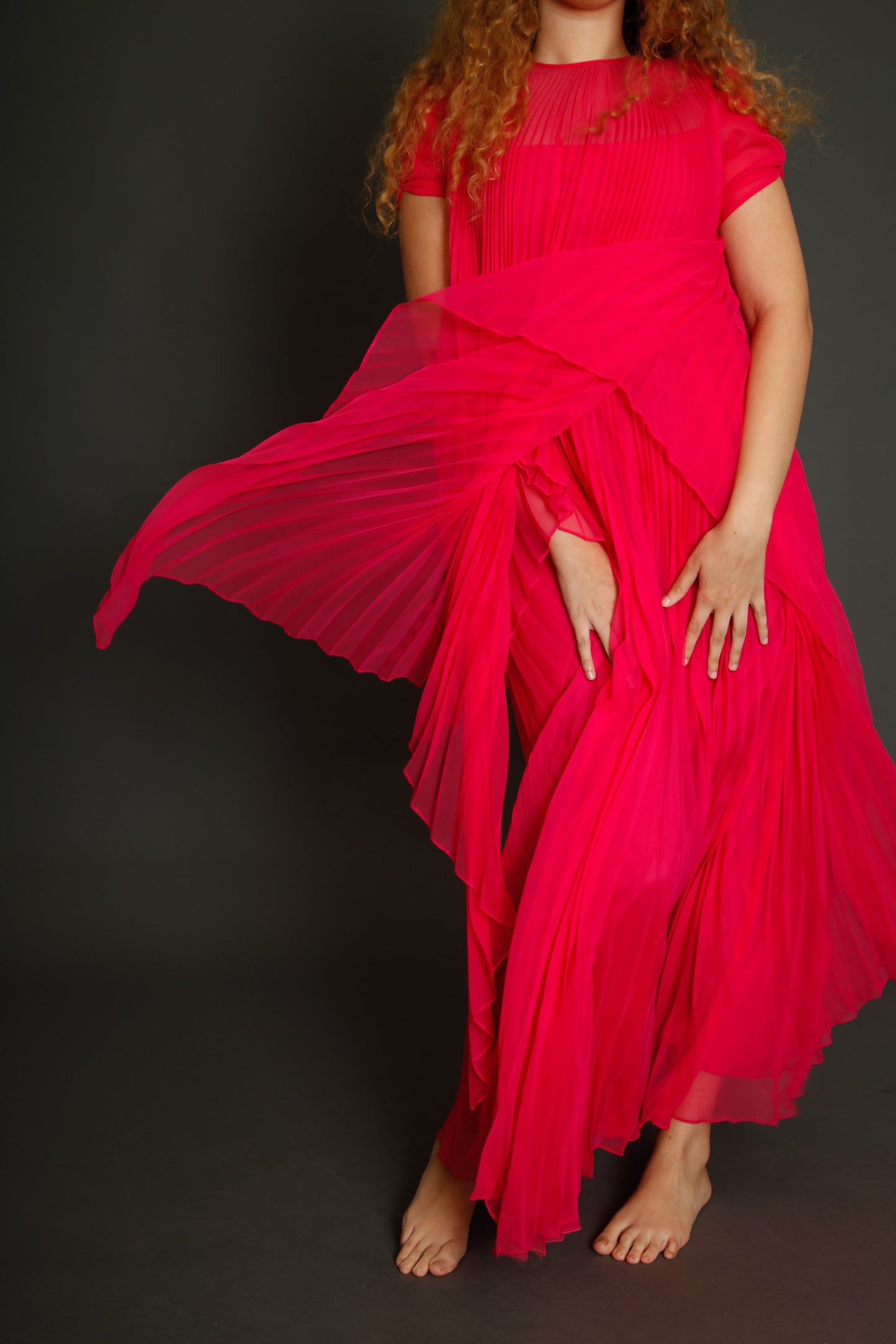 70s Neon Pink Pleated Gown