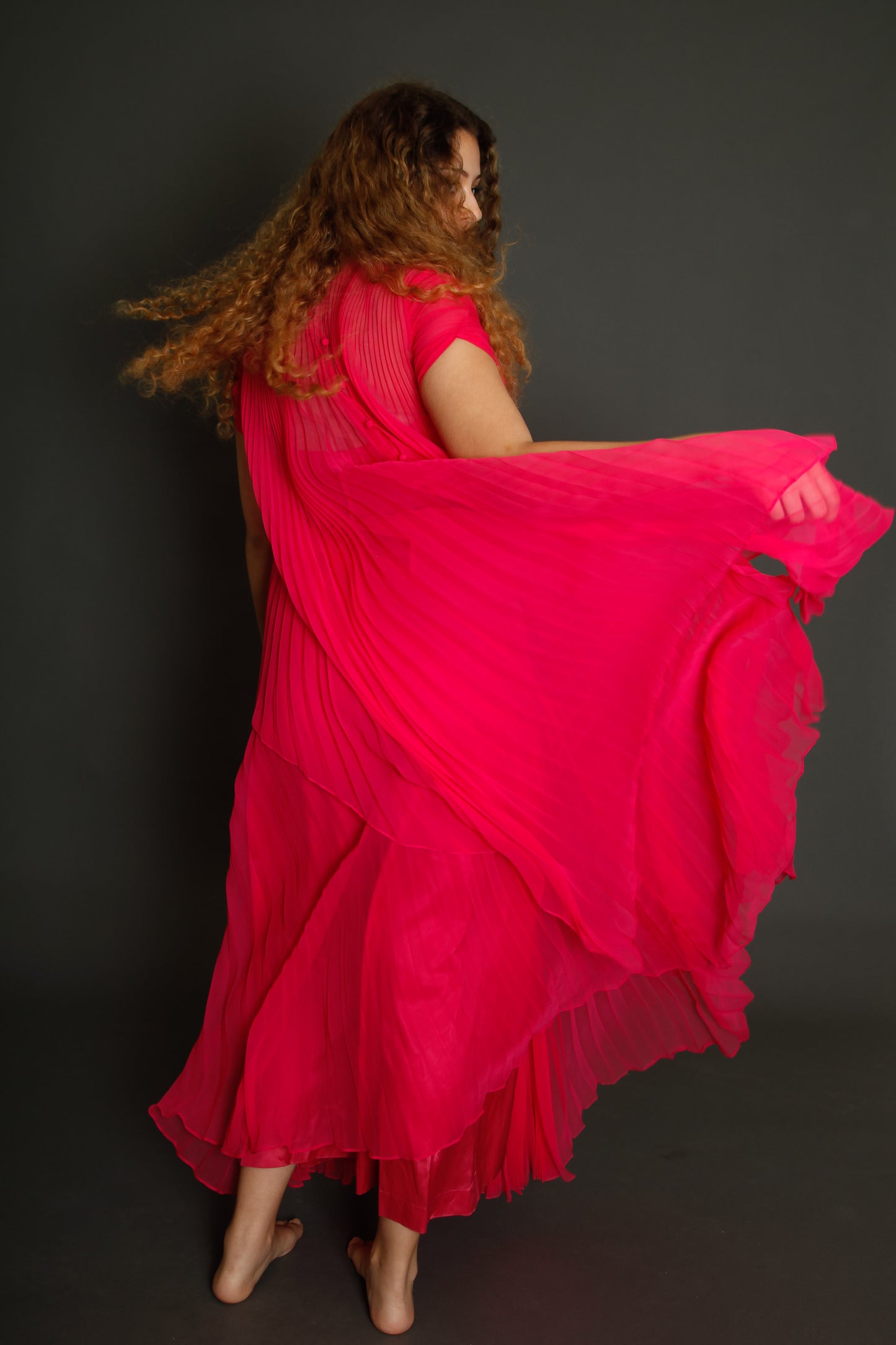 70s Neon Pink Pleated Gown