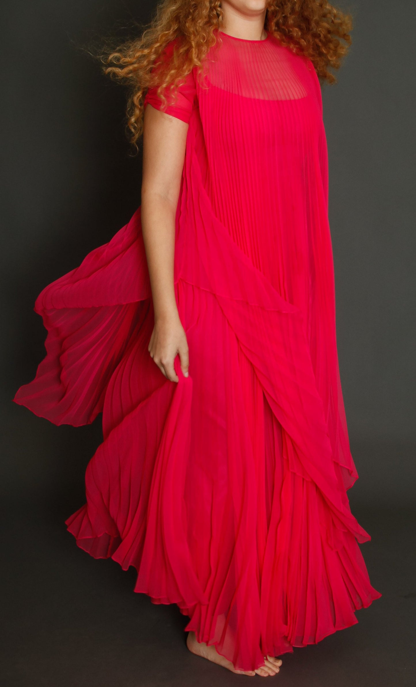 70s Neon Pink Pleated Gown