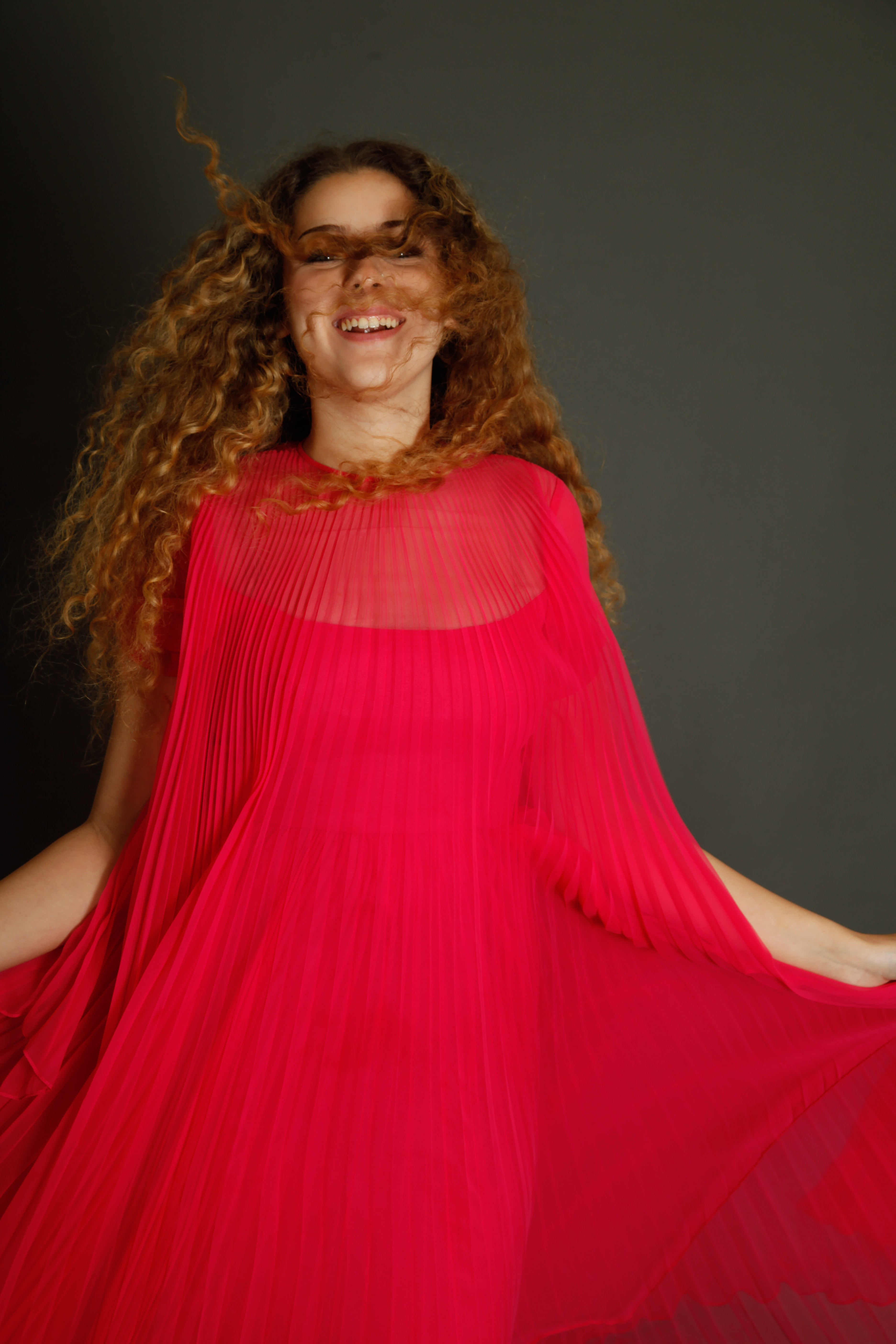 70s Neon Pink Pleated Gown