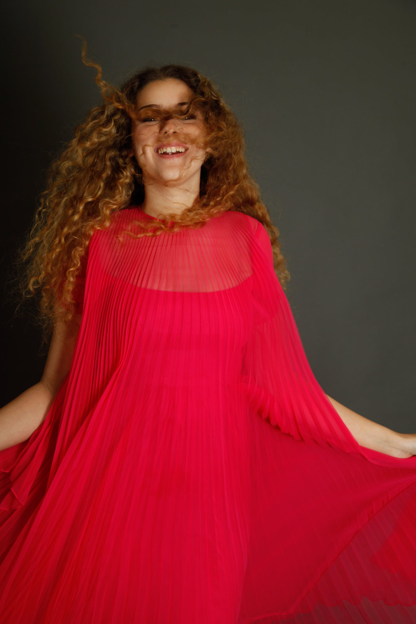 70s Neon Pink Pleated Gown