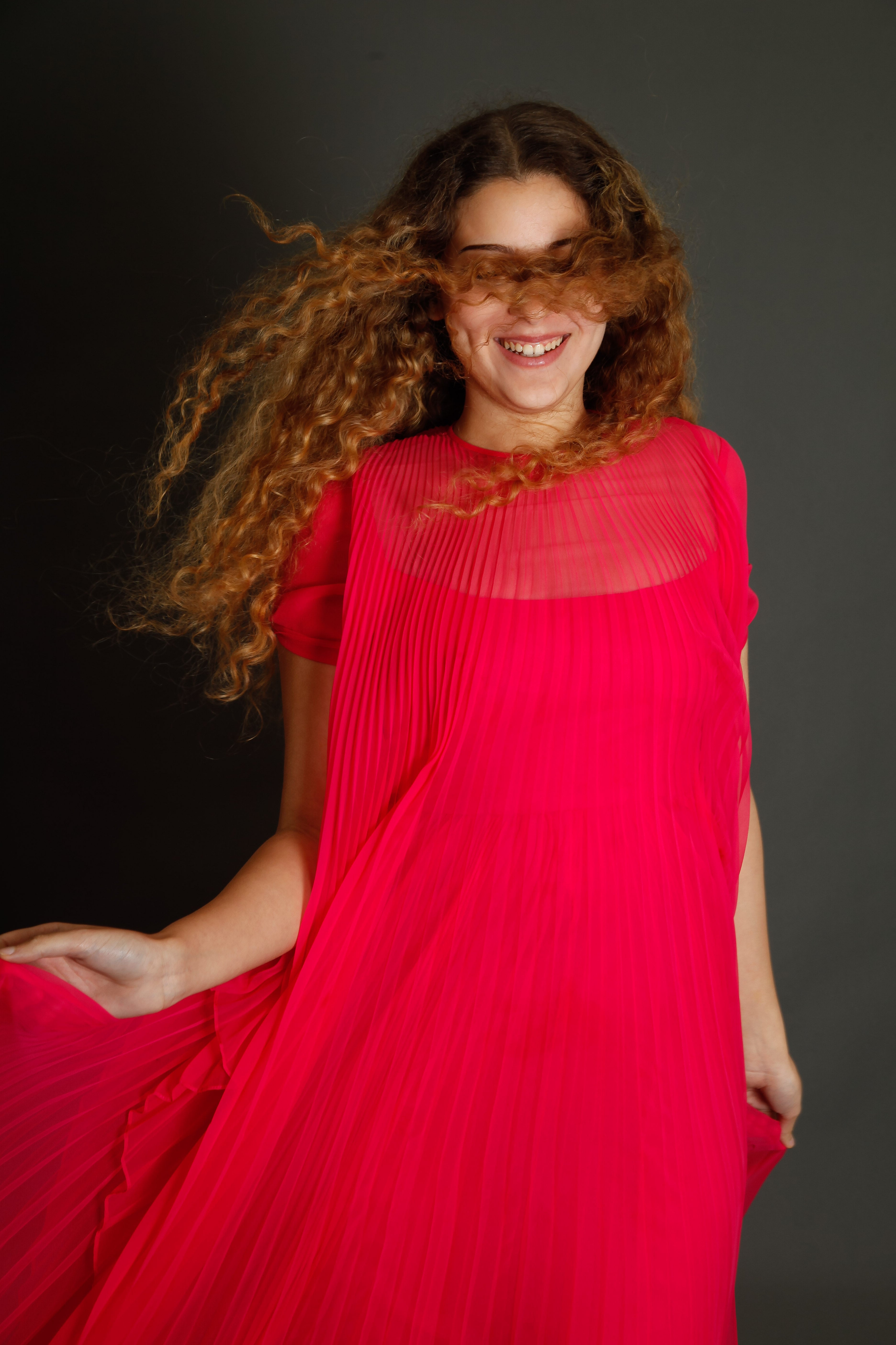 70s Neon Pink Pleated Gown