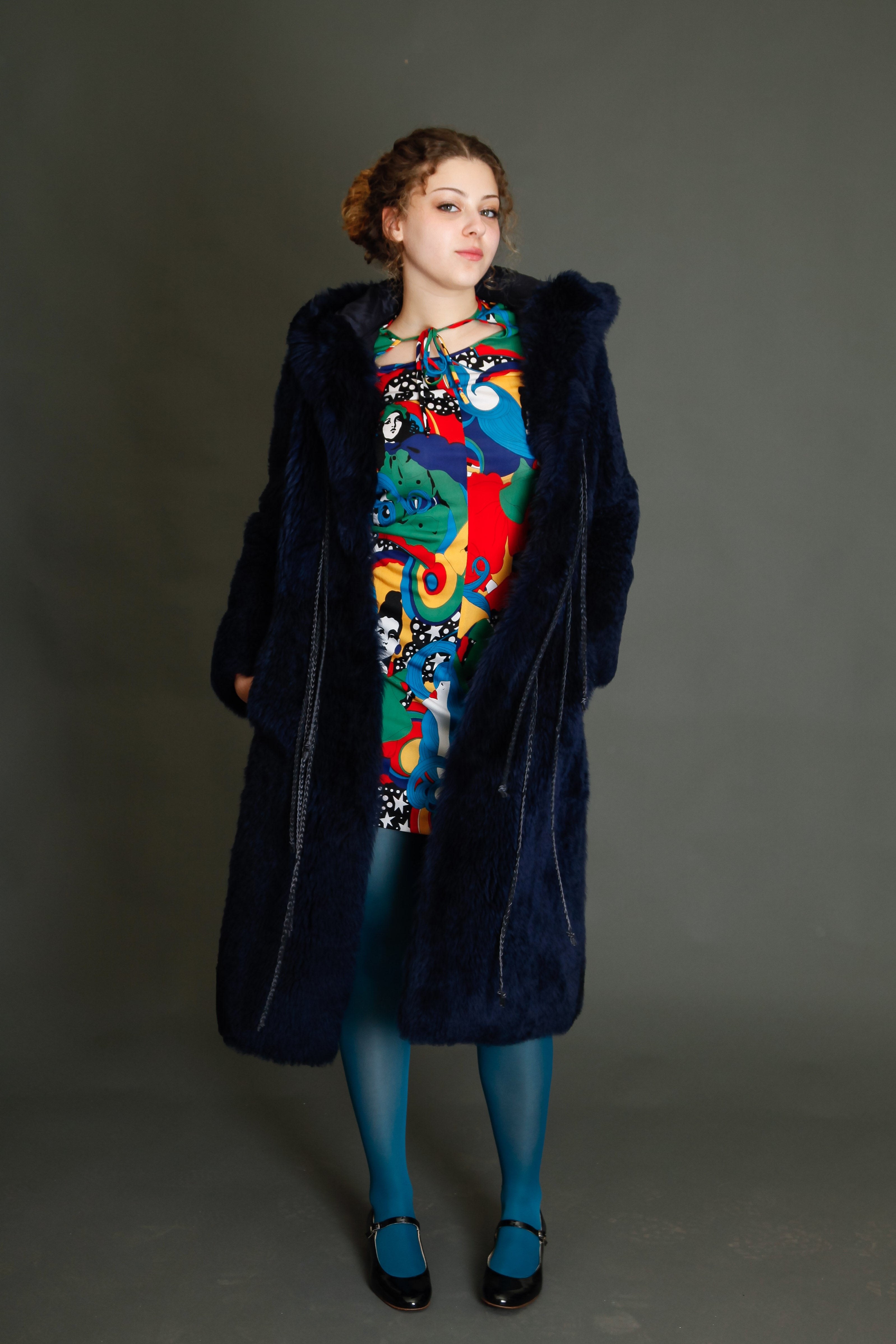 70s Blue Hooded Shearling Fur