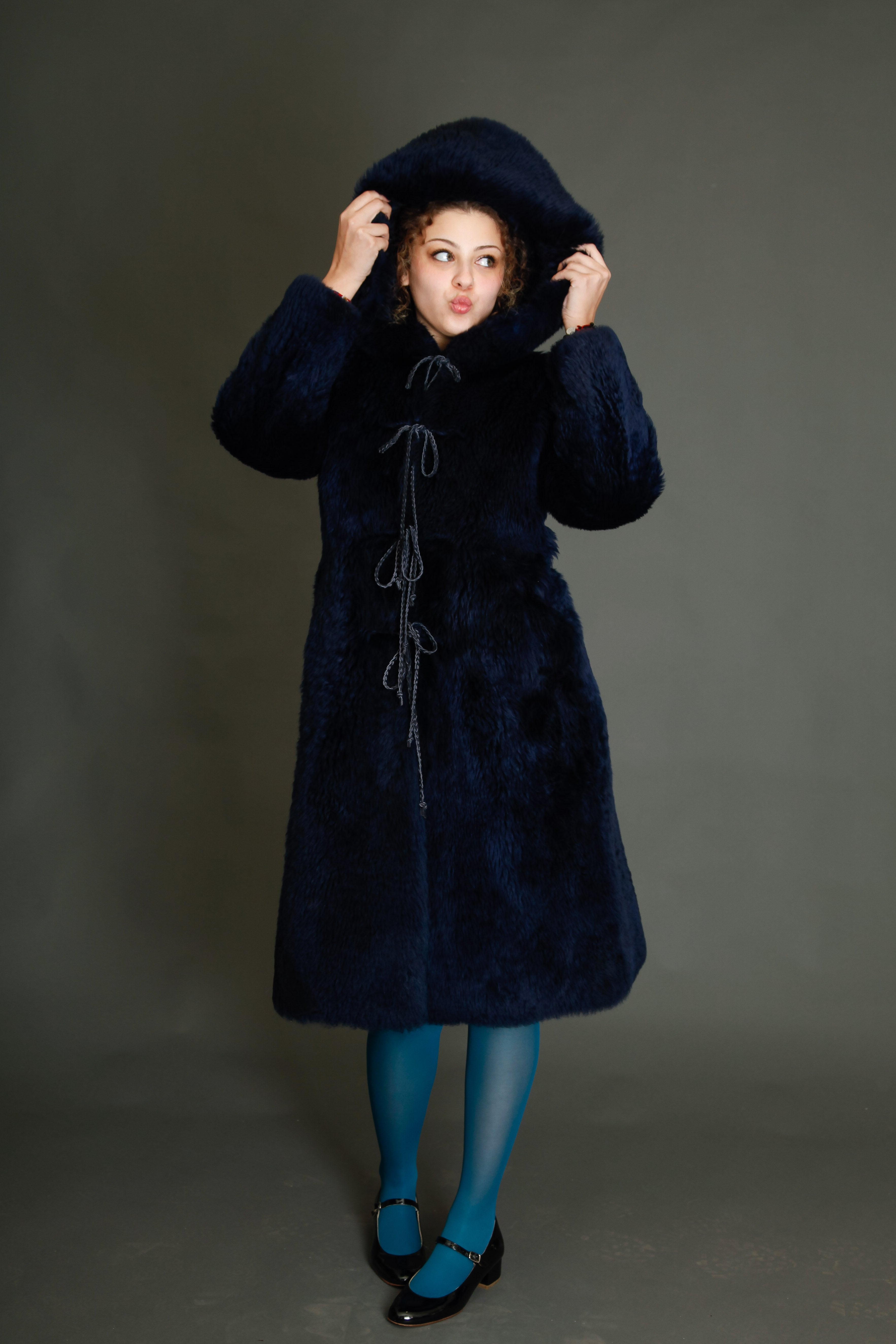 70s Blue Hooded Shearling Fur