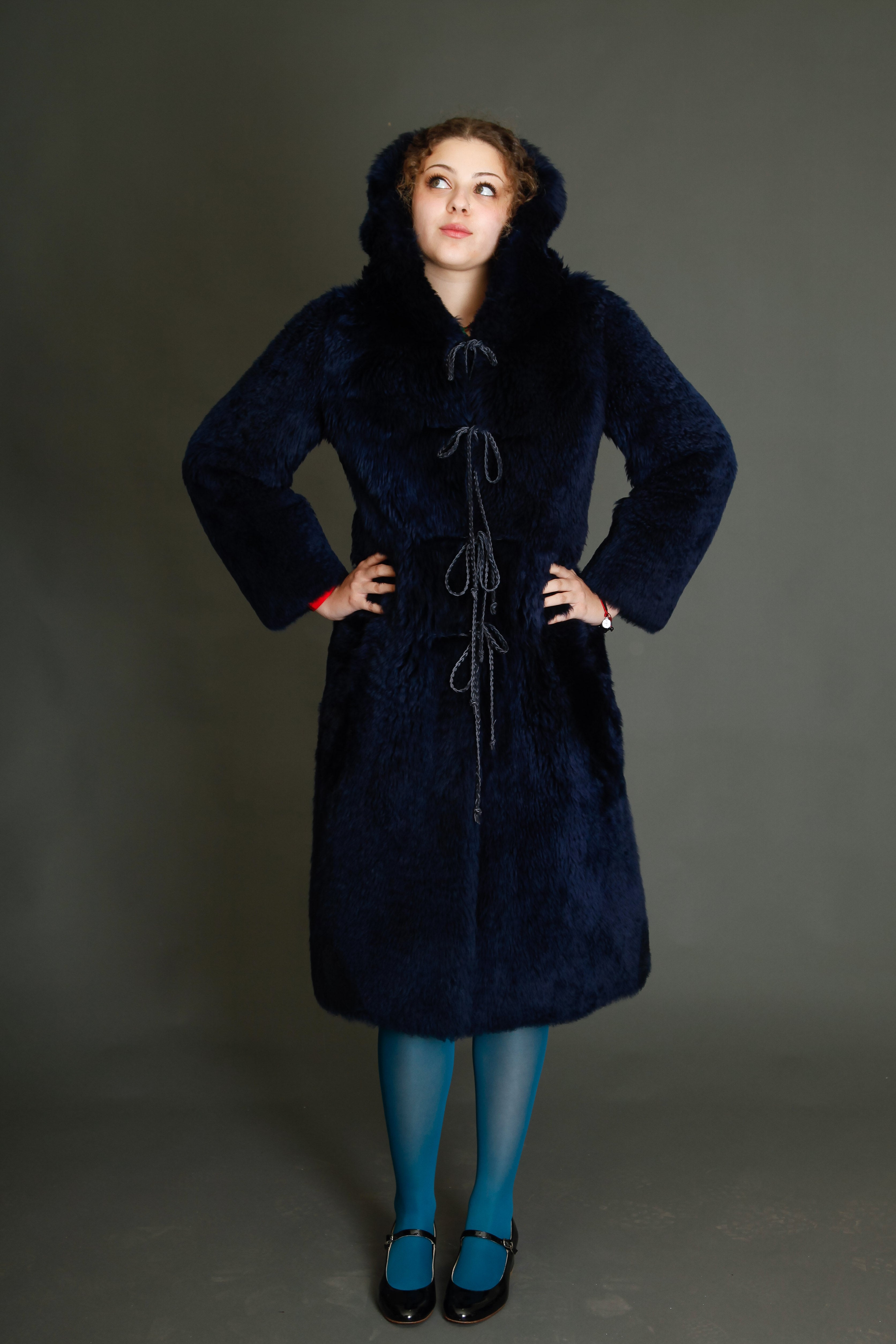 70s Blue Hooded Shearling Fur