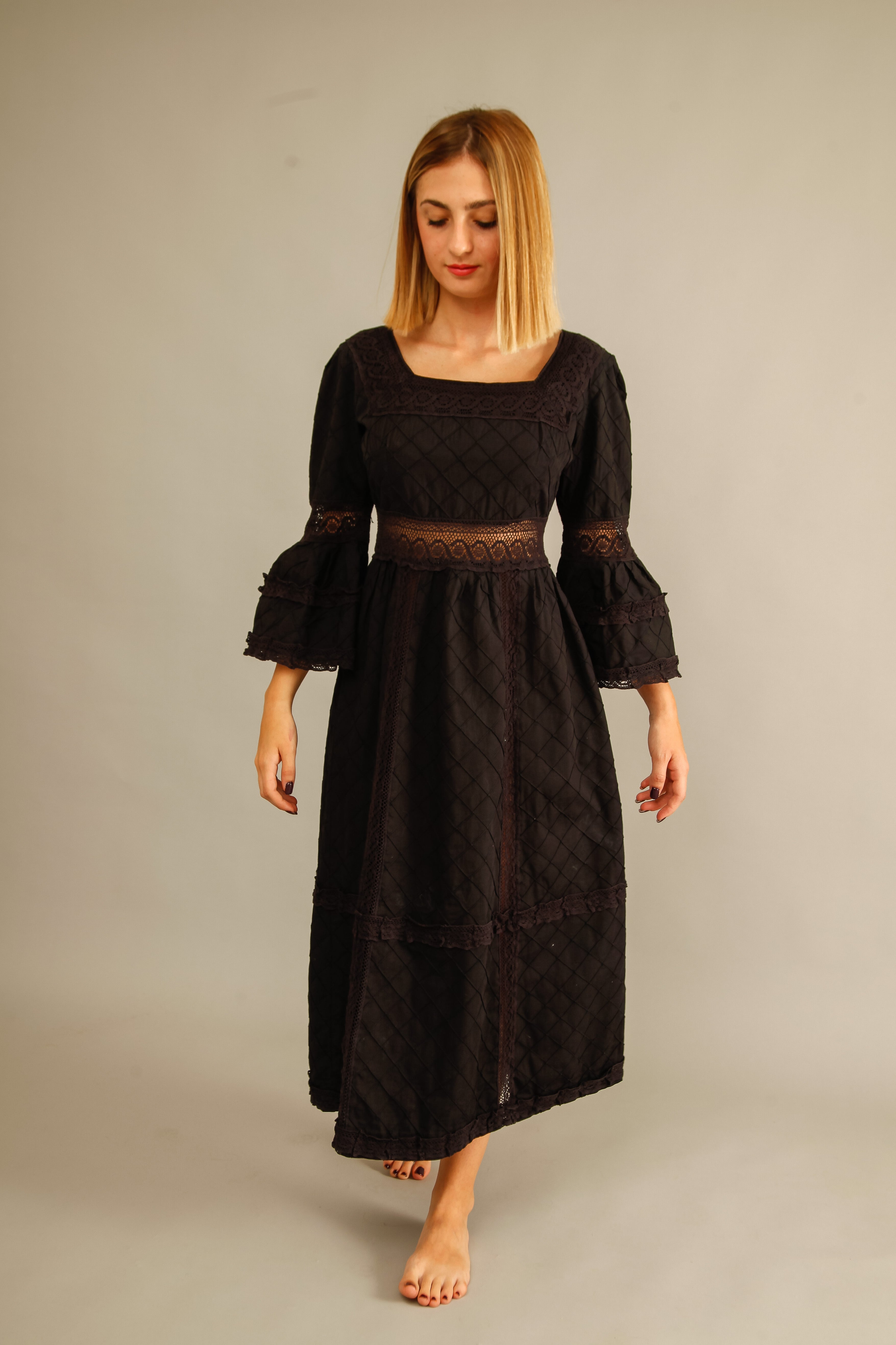 70s Mexican Black Cotton Dress