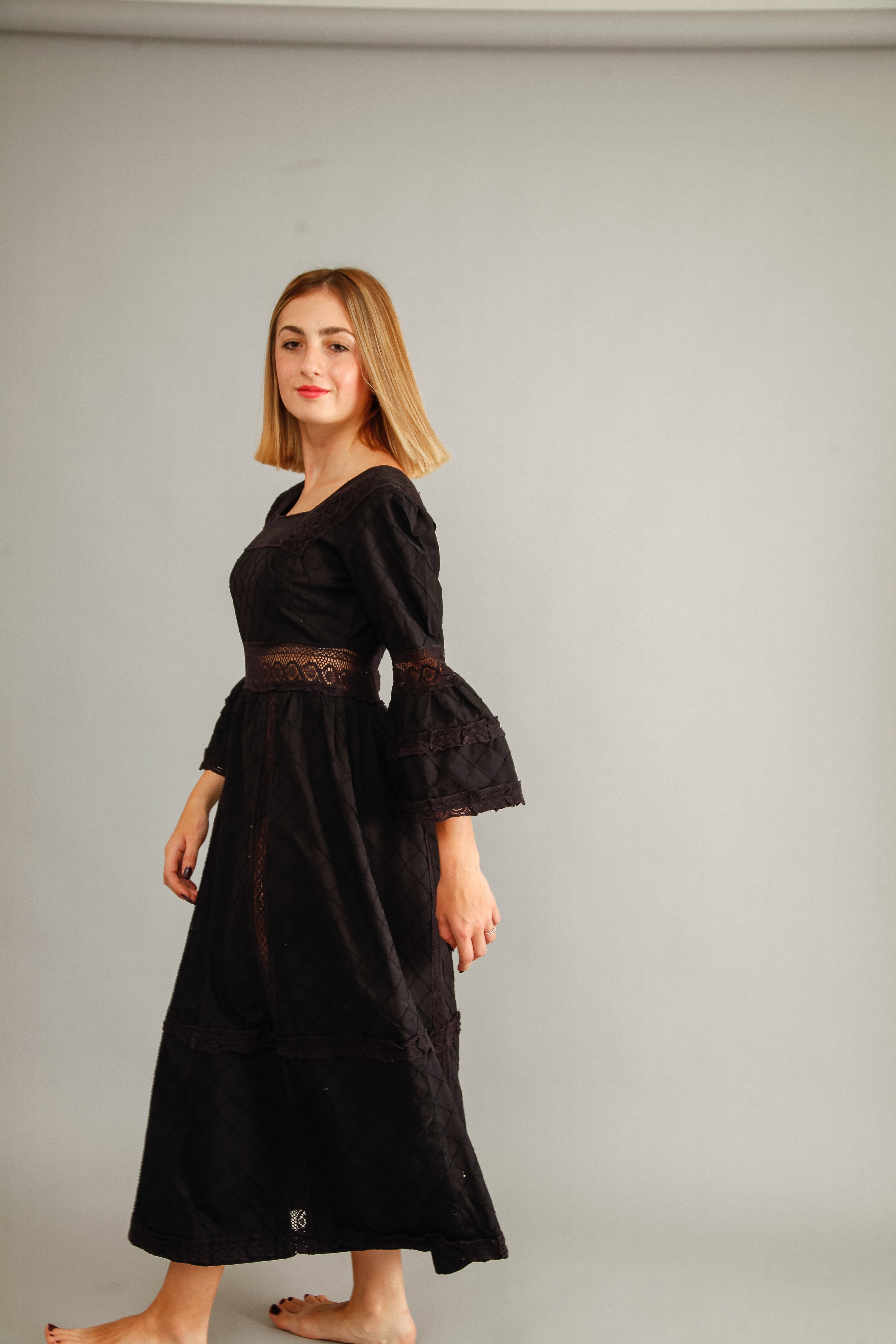70s Mexican Black Cotton Dress