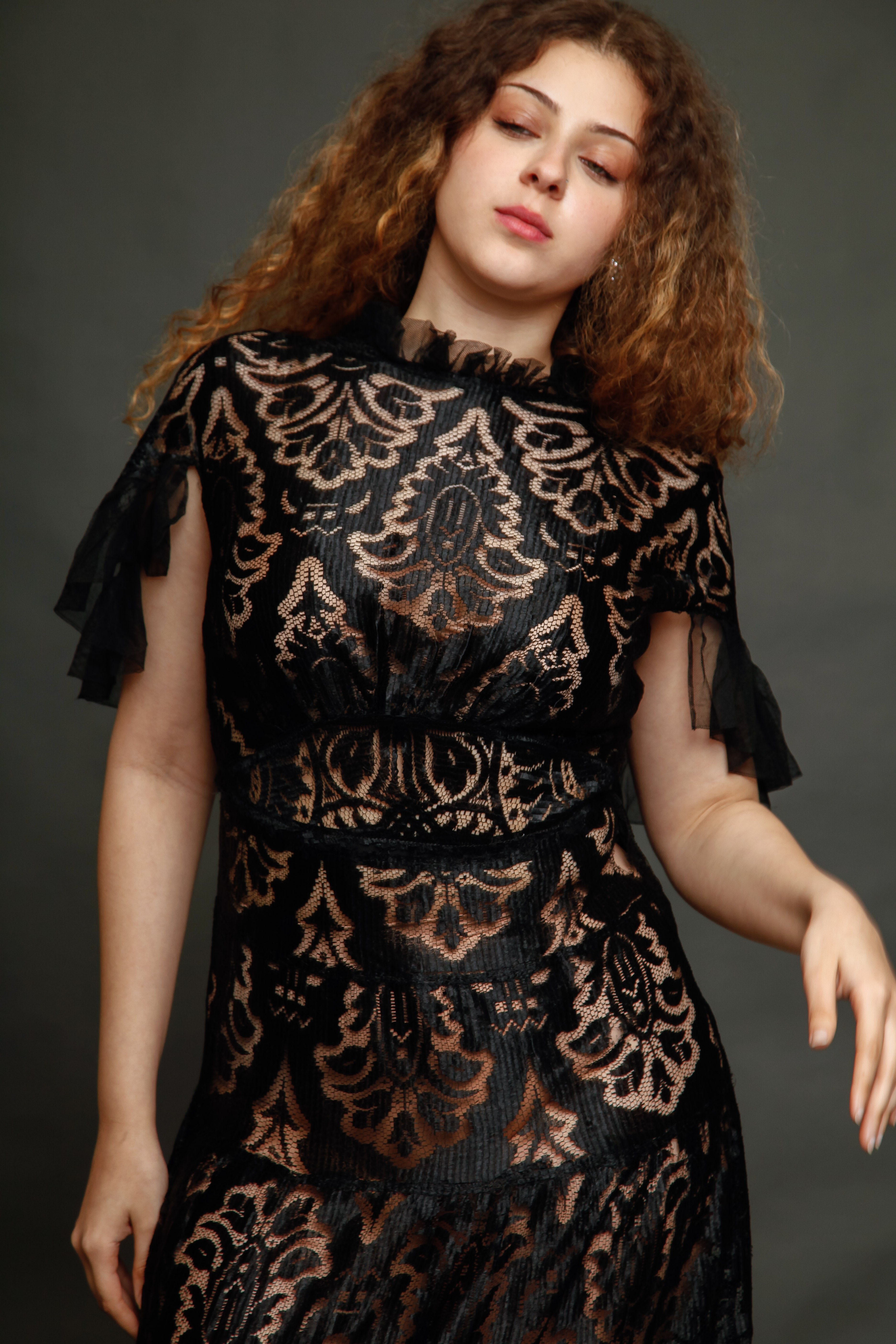 1930 Black Silk  Lace Dress