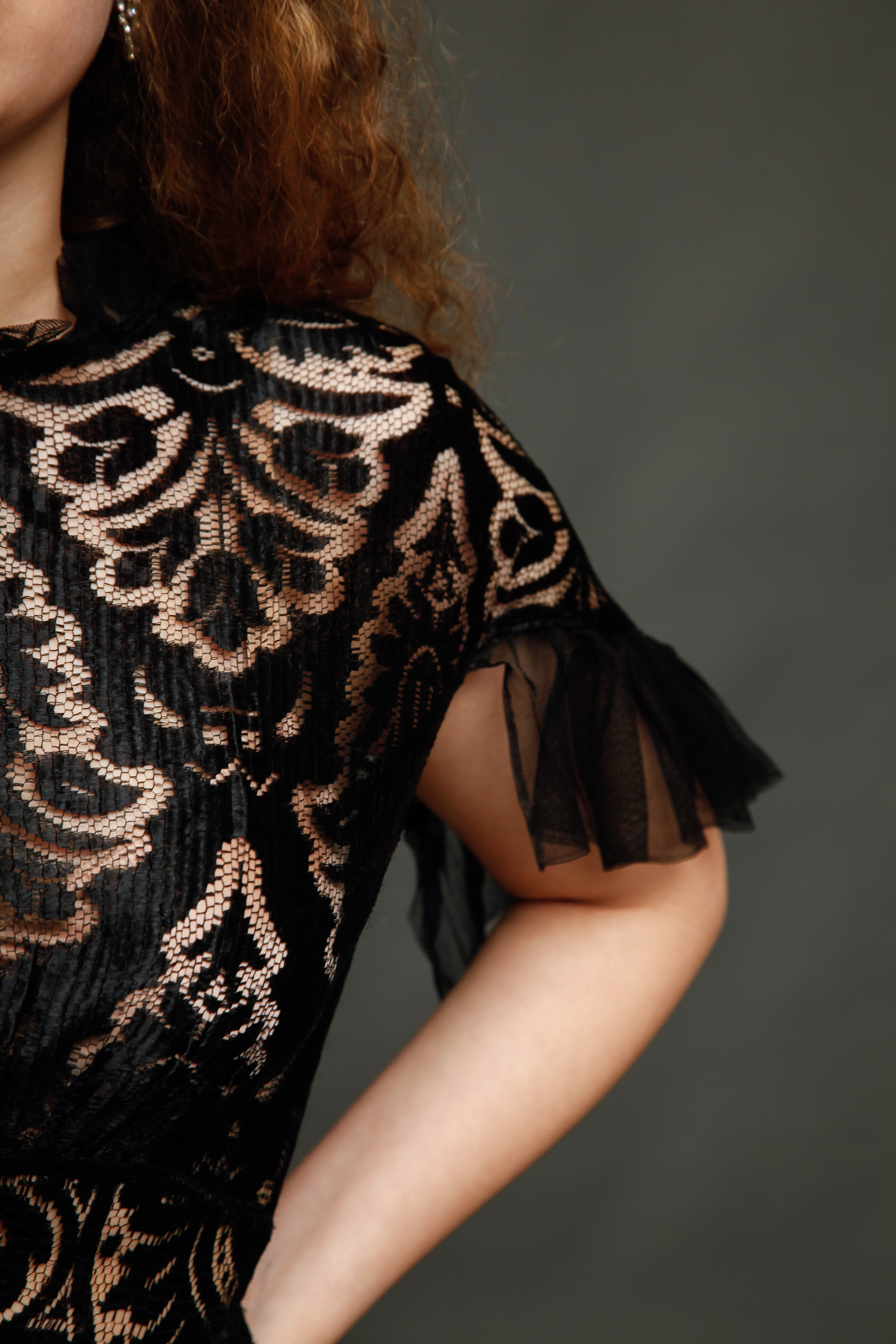 1930 Black Silk  Lace Dress
