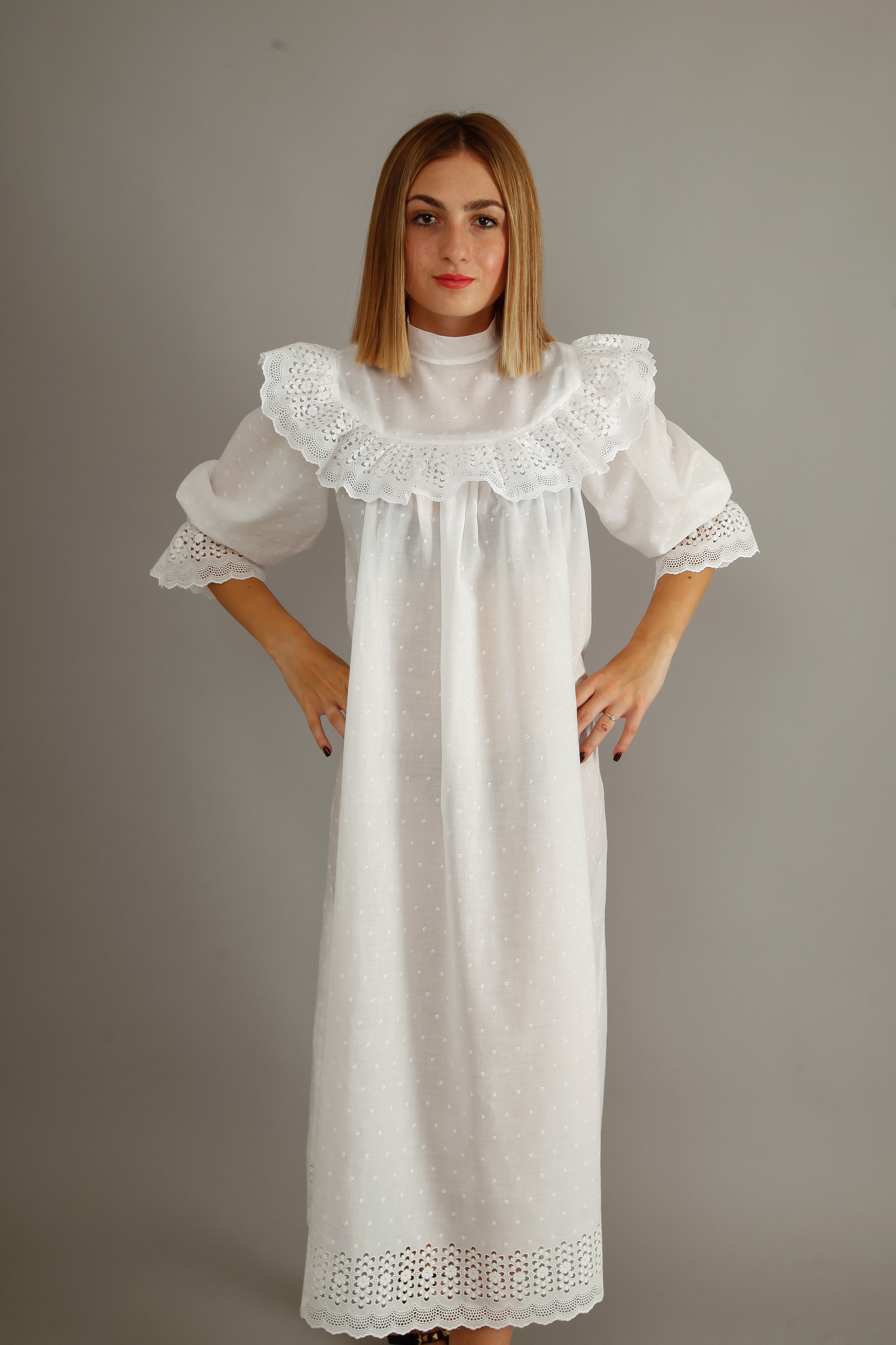 70s White Cotton Prairie Dress