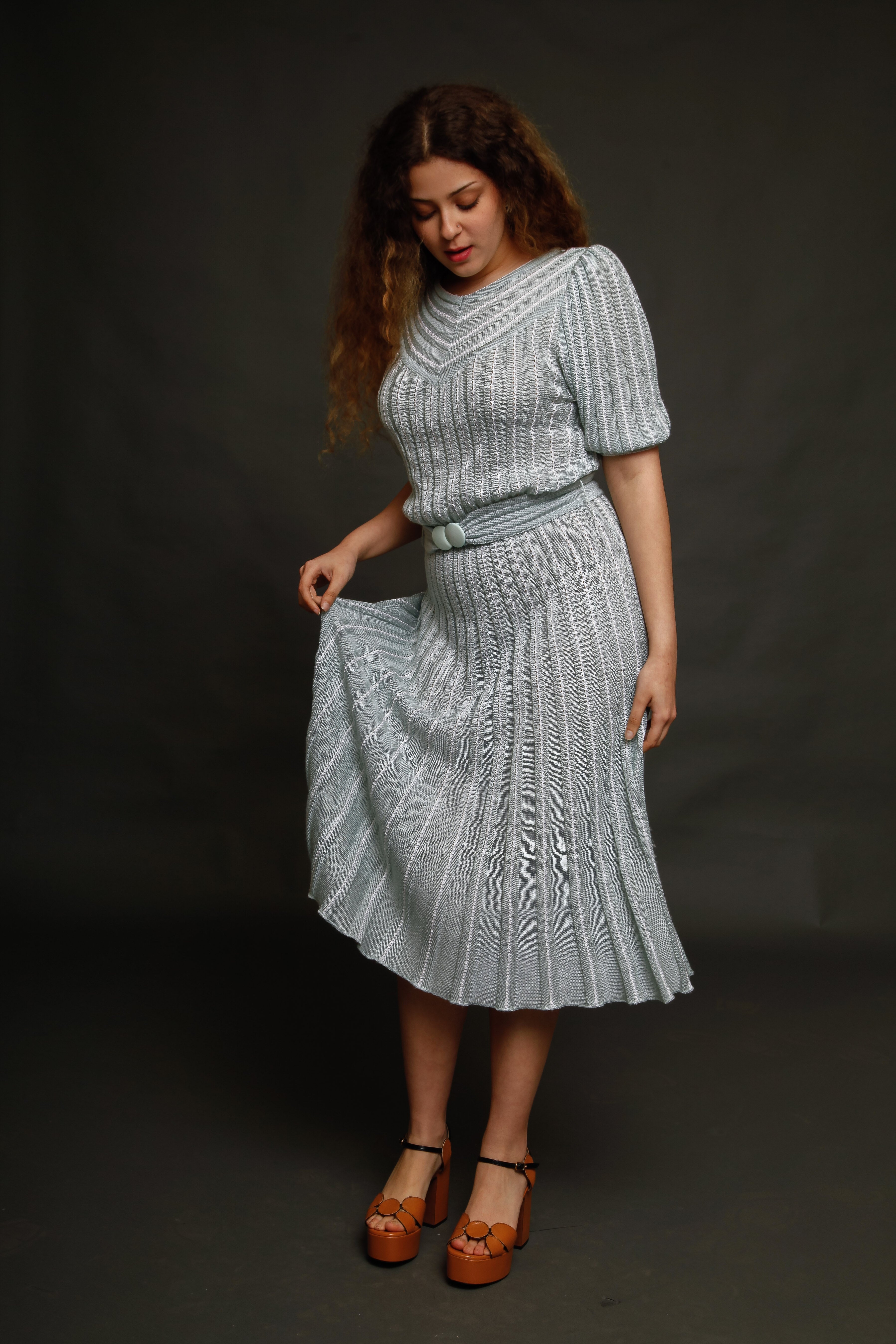 1970 Knit Pale Blue Striped Dress
