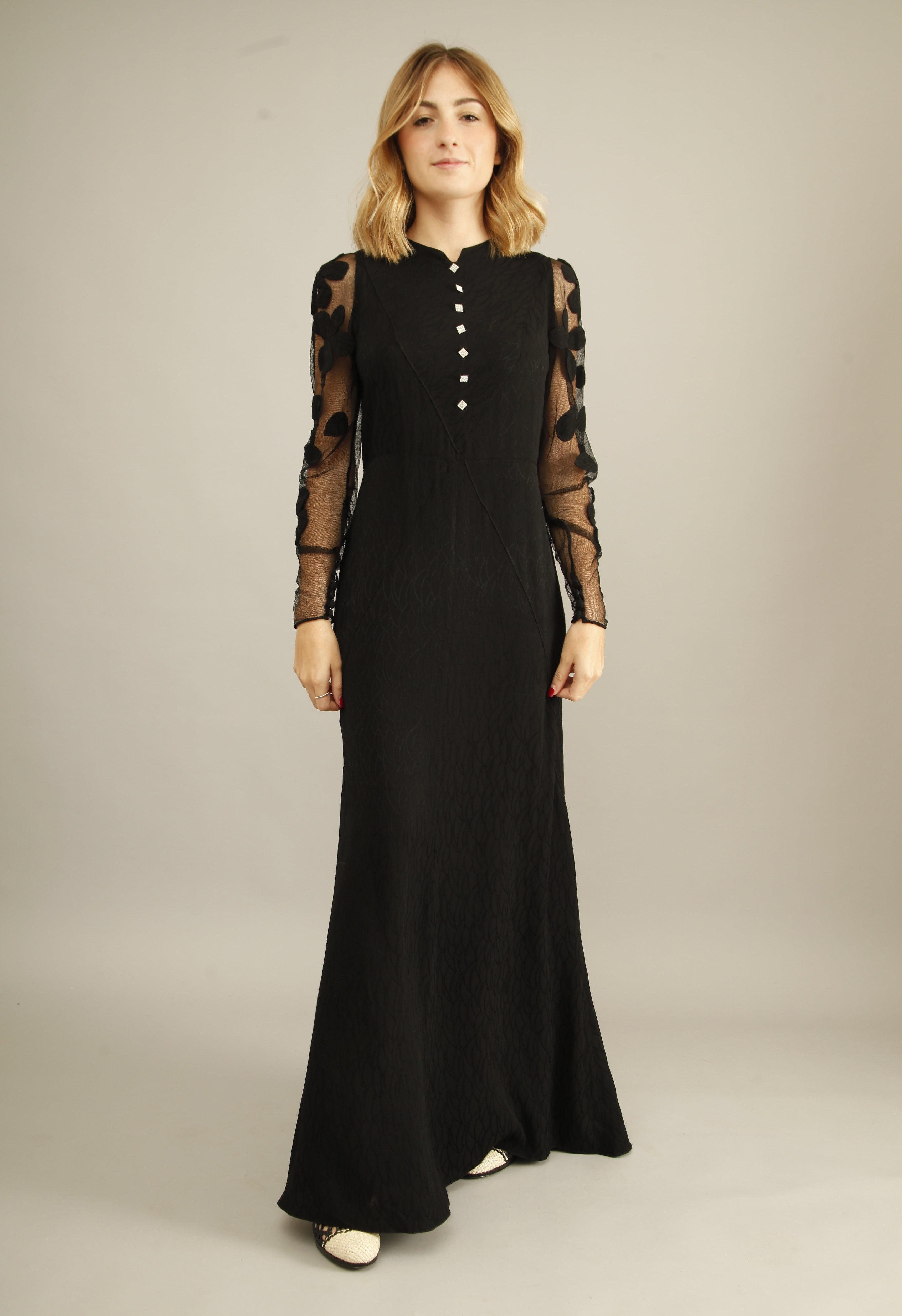 Dramatic Black Florals 30s Evening Gown