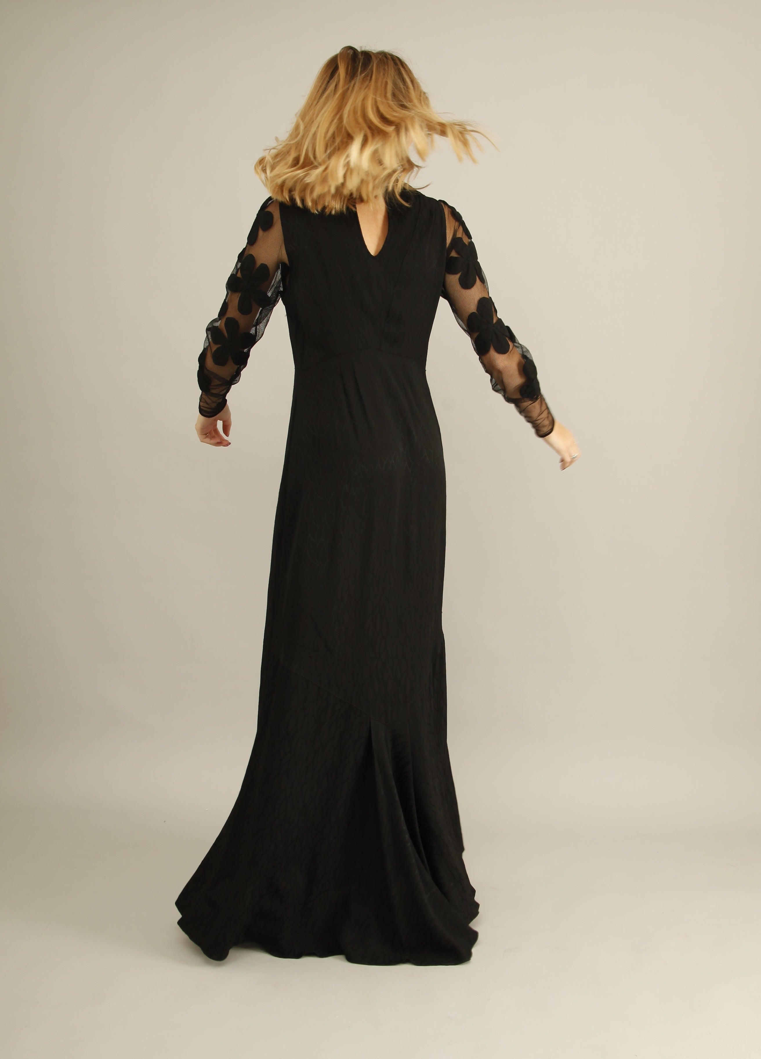 Dramatic Black Florals 30s Evening Gown