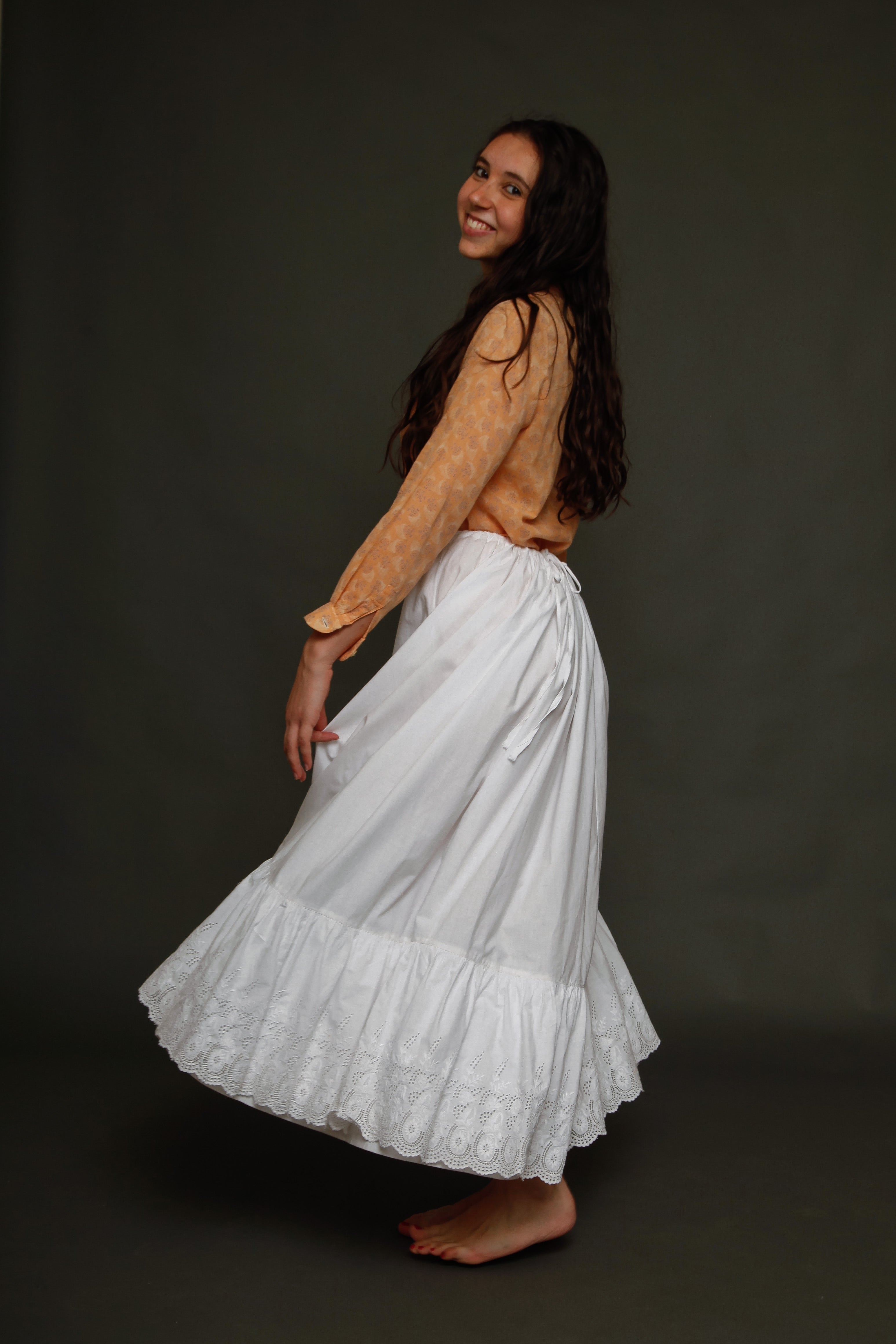 White Cotton Victorian Bustle Petticoat with Broderie Anglaise