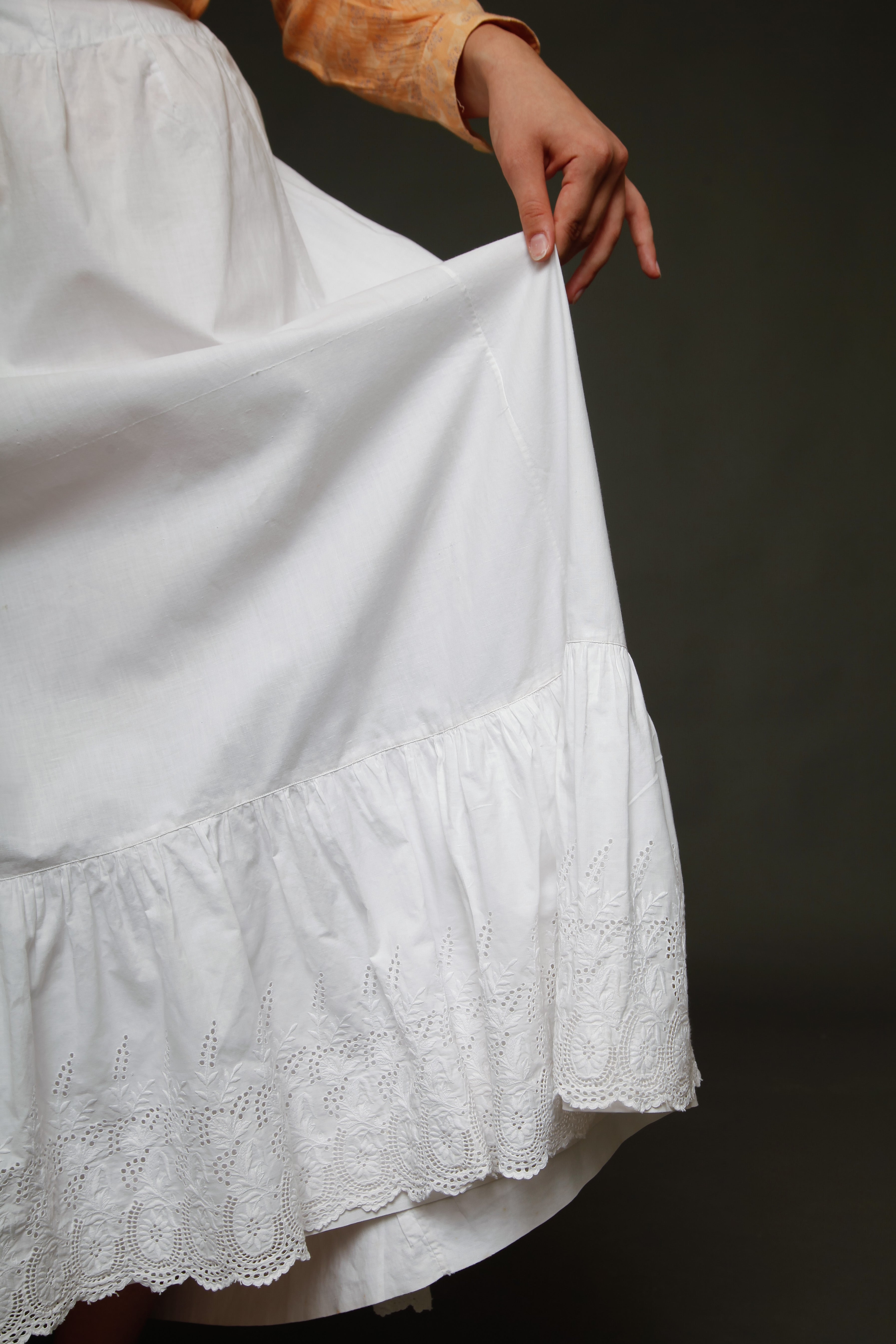 White Cotton Victorian Bustle Petticoat with Broderie Anglaise