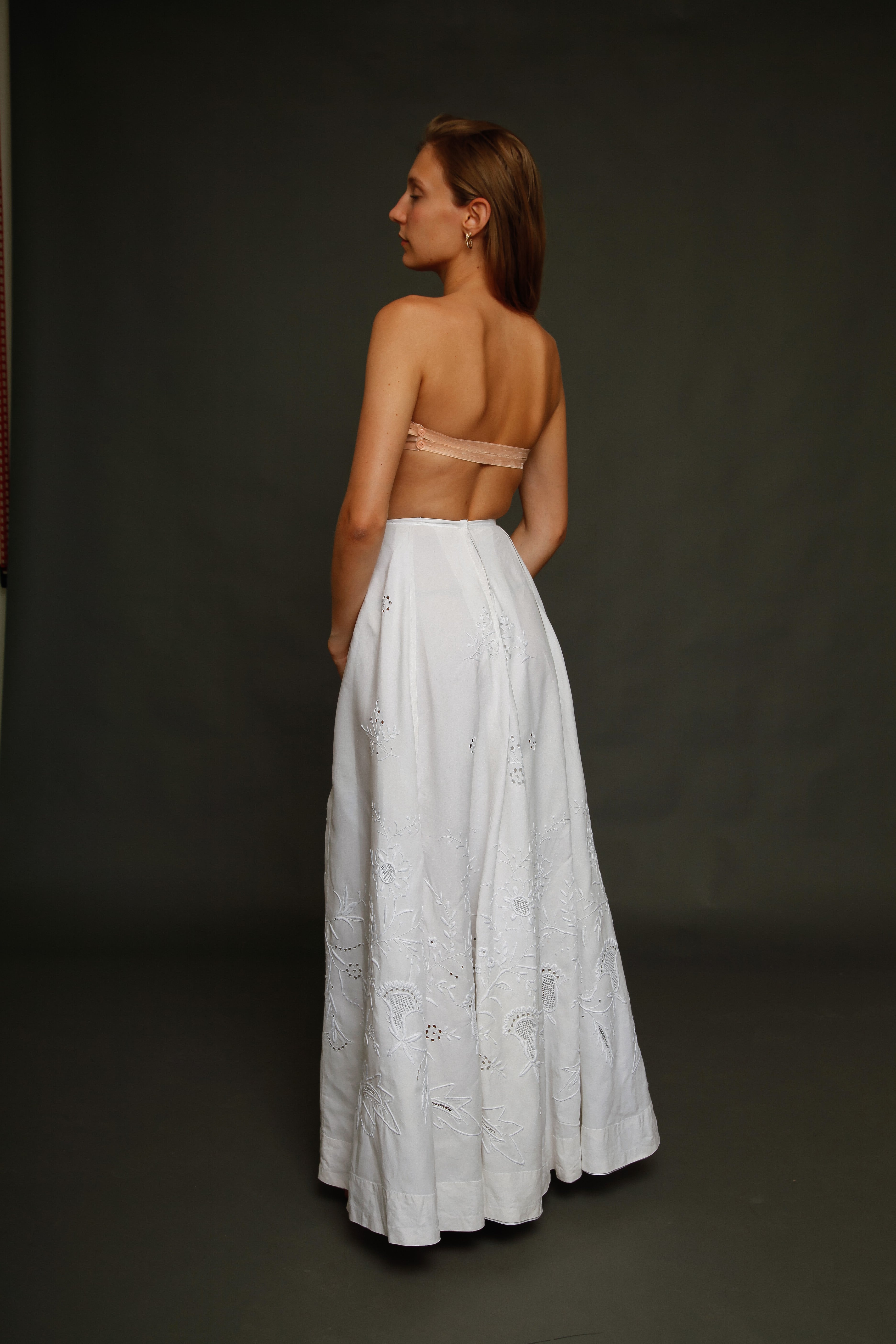 Antique Edwardian Linen Hand Embroidered Skirt