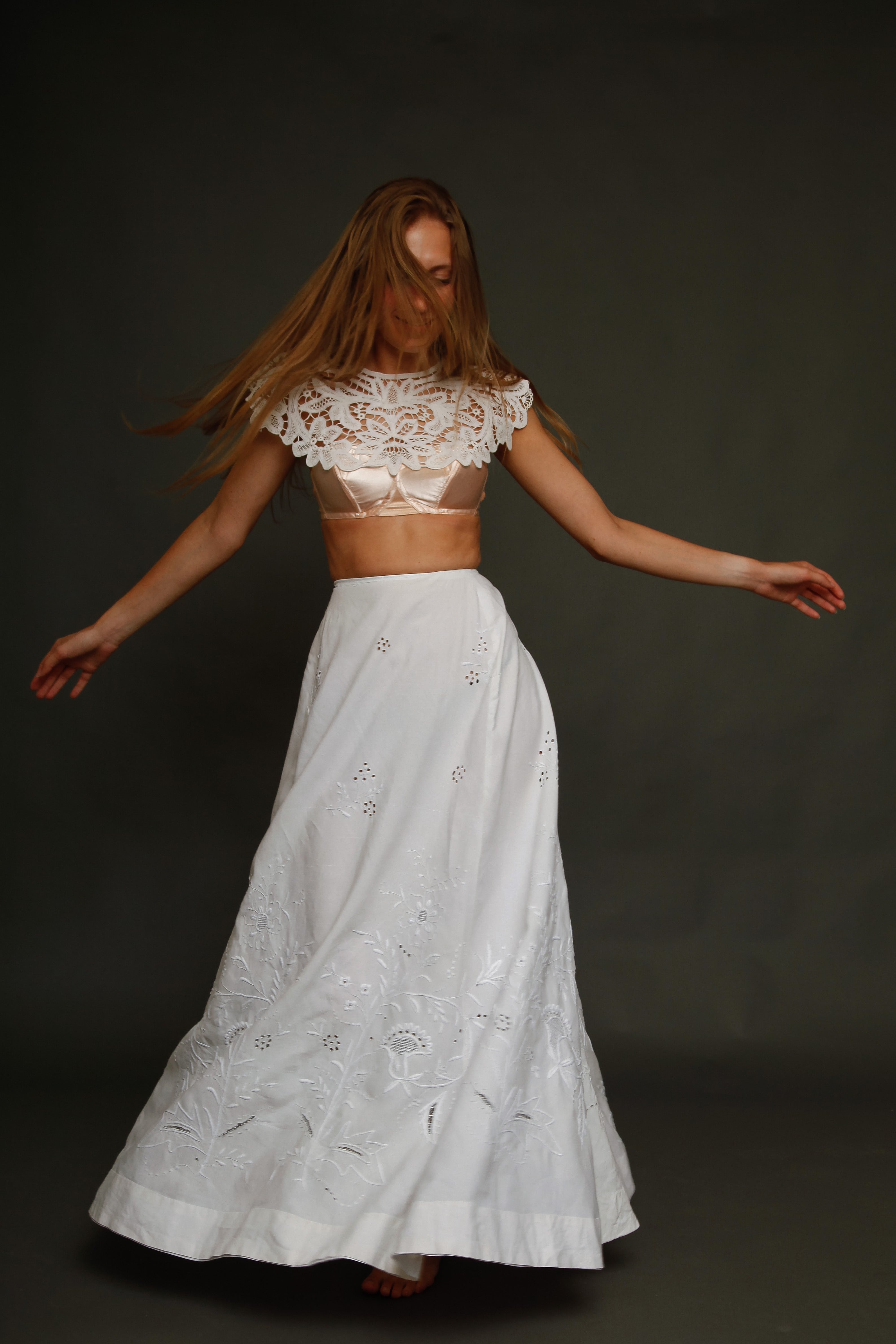 Antique Edwardian Linen Hand Embroidered Skirt