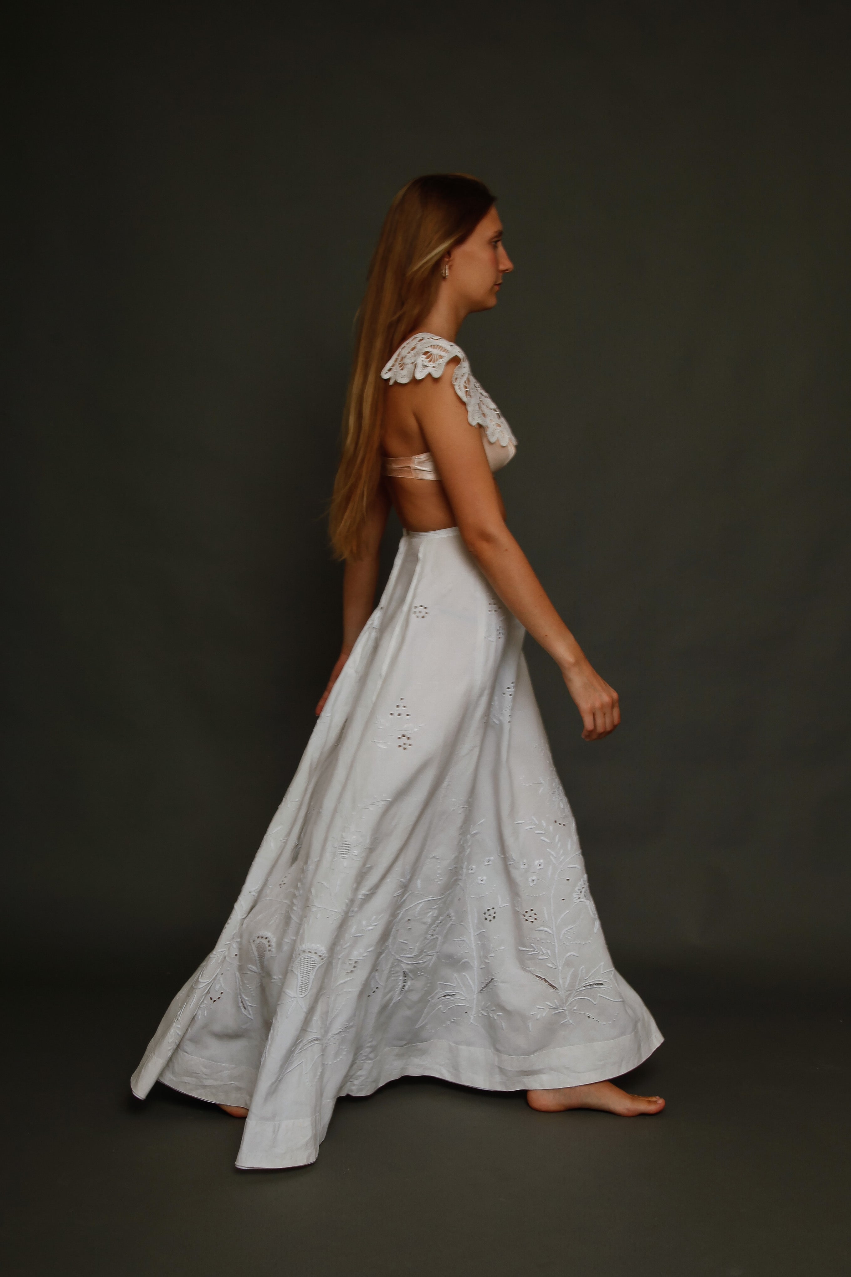 Antique Edwardian Linen Hand Embroidered Skirt