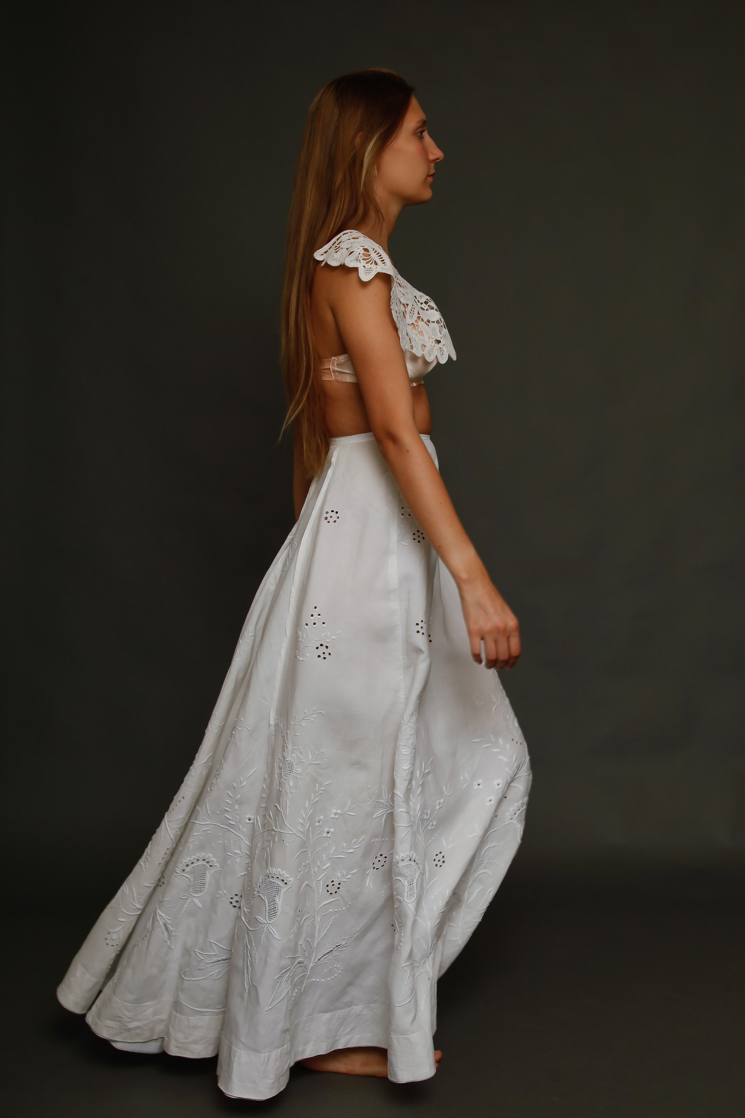 Antique Edwardian Linen Hand Embroidered Skirt