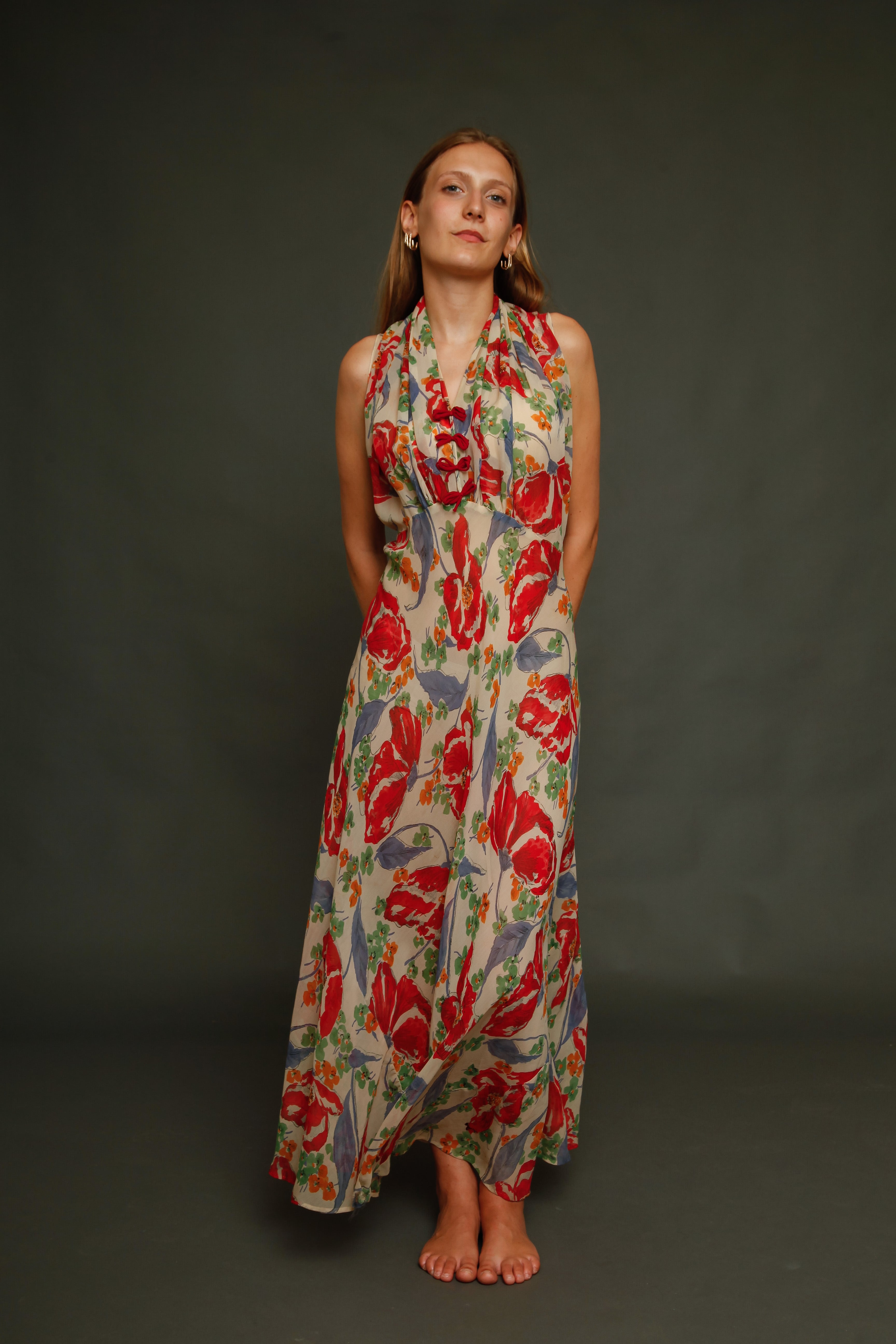 Incredible 30s Silk Chiffon with Poppy Print Dress