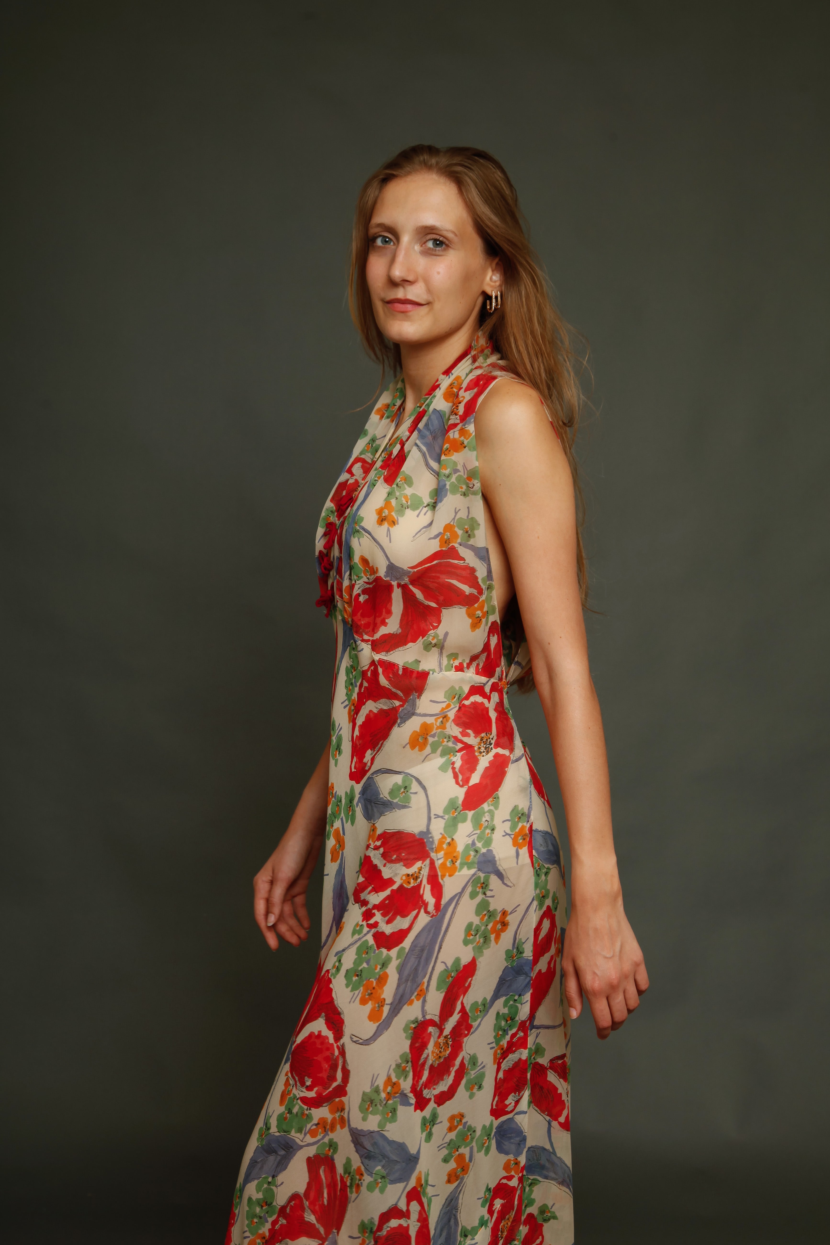 Incredible 30s Silk Chiffon with Poppy Print Dress