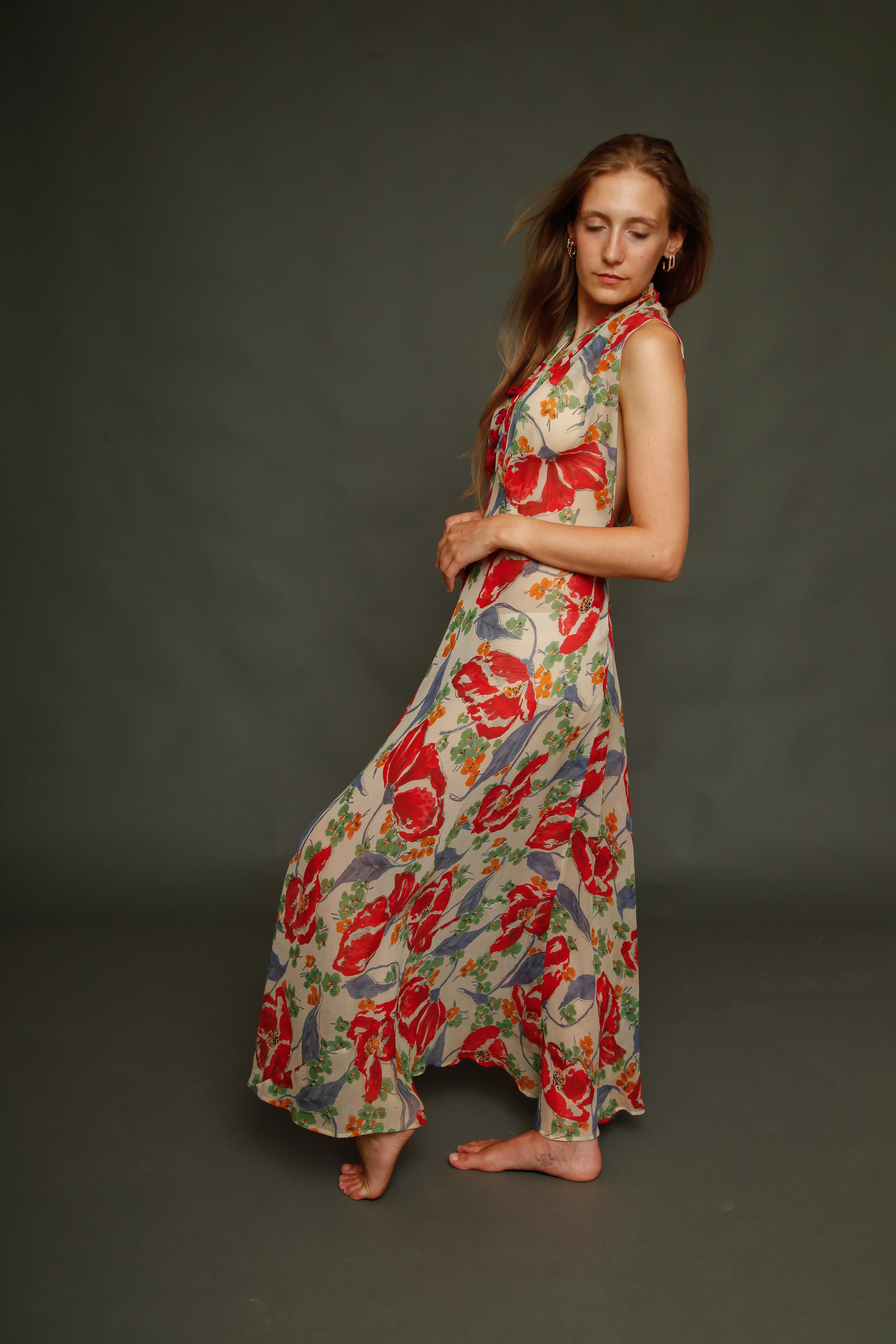 Incredible 30s Silk Chiffon with Poppy Print Dress