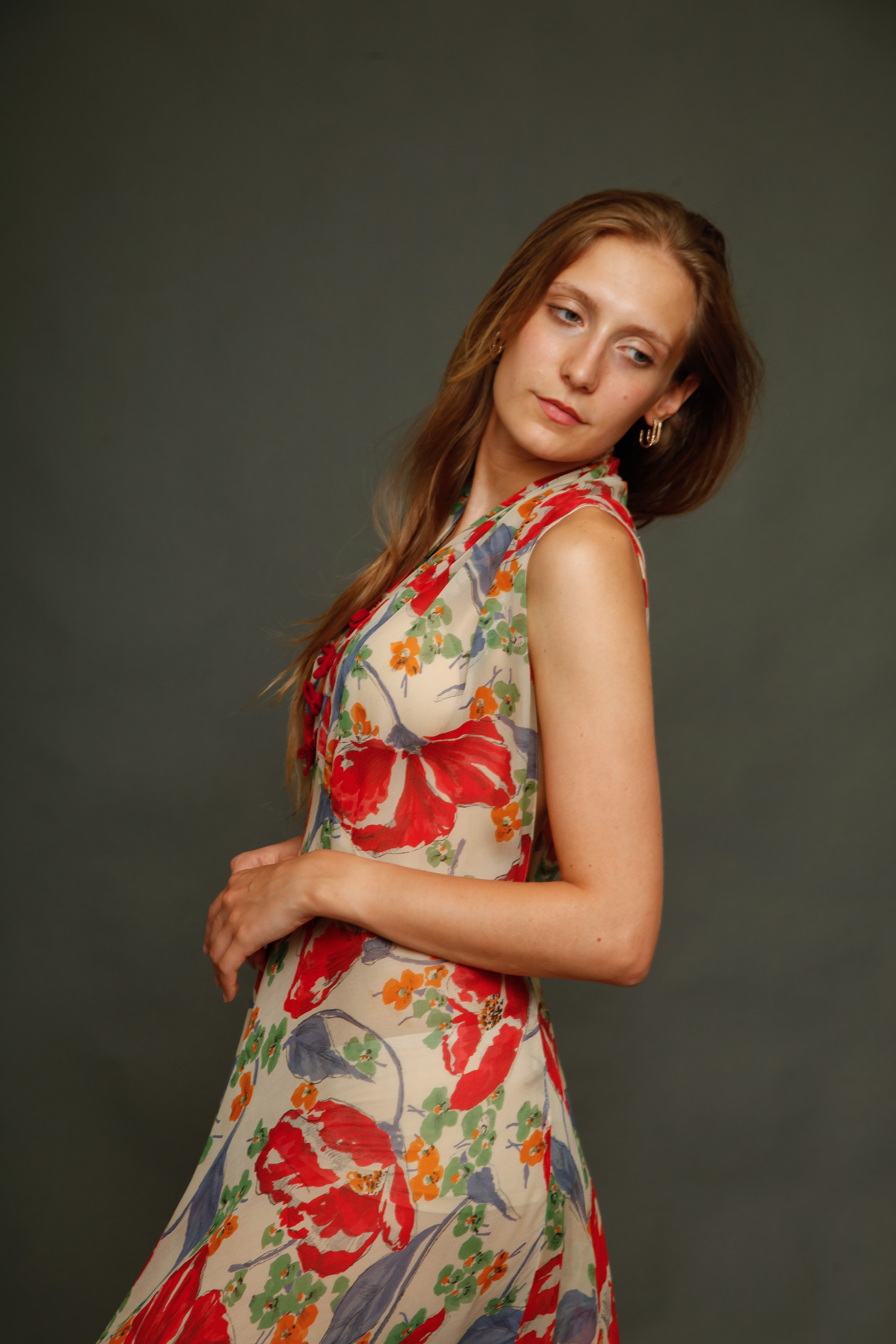 Incredible 30s Silk Chiffon with Poppy Print Dress