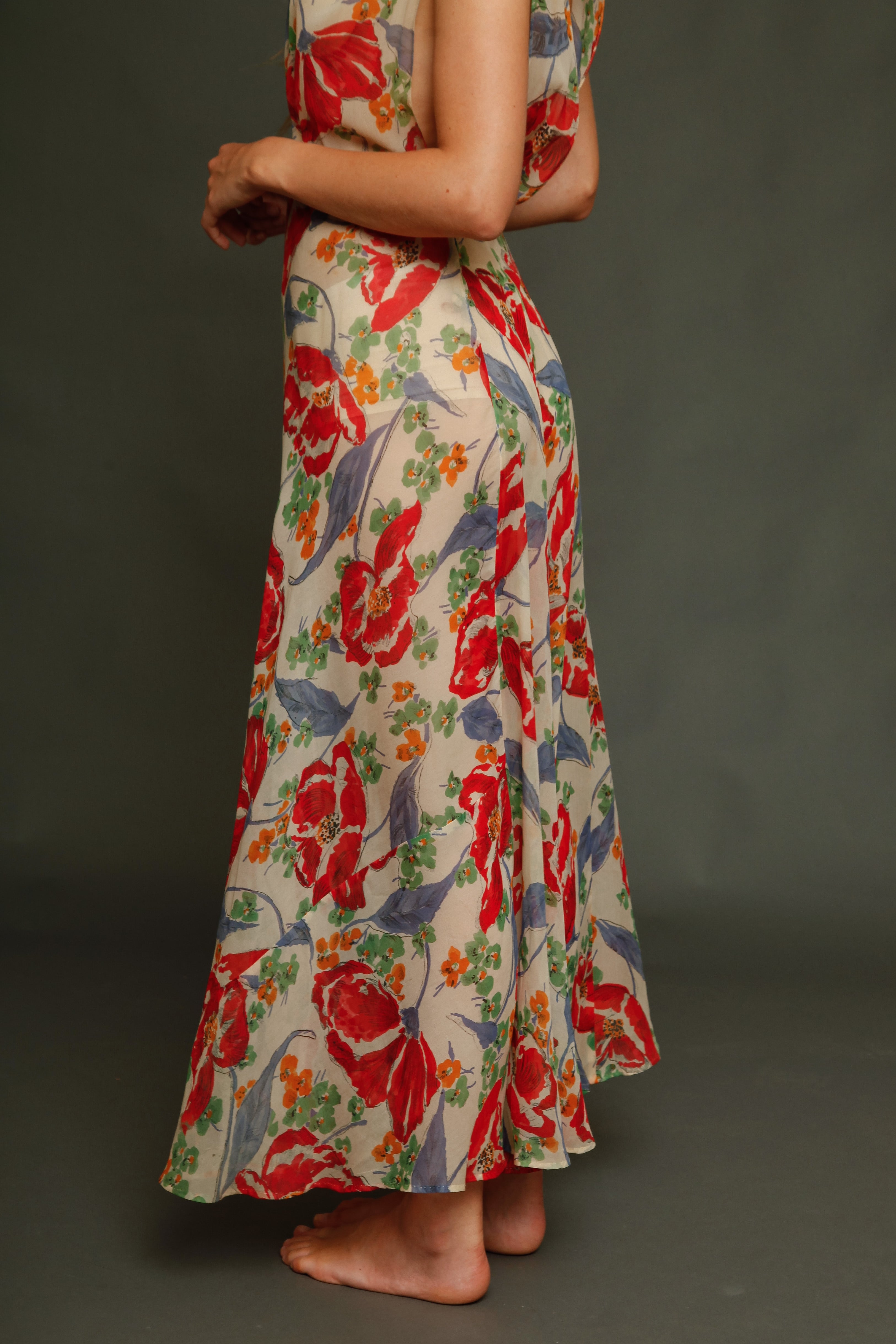 Incredible 30s Silk Chiffon with Poppy Print Dress