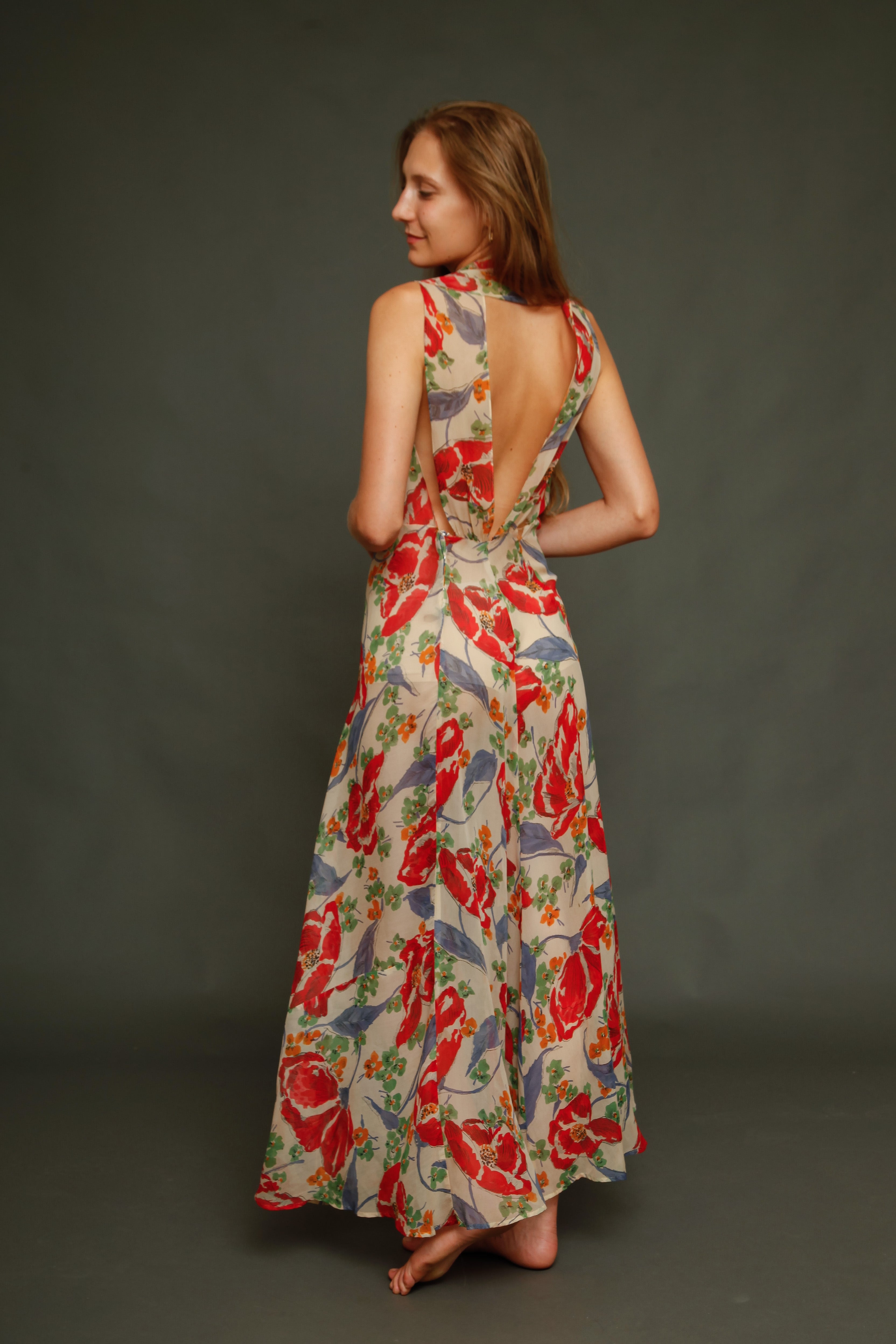 Incredible 30s Silk Chiffon with Poppy Print Dress