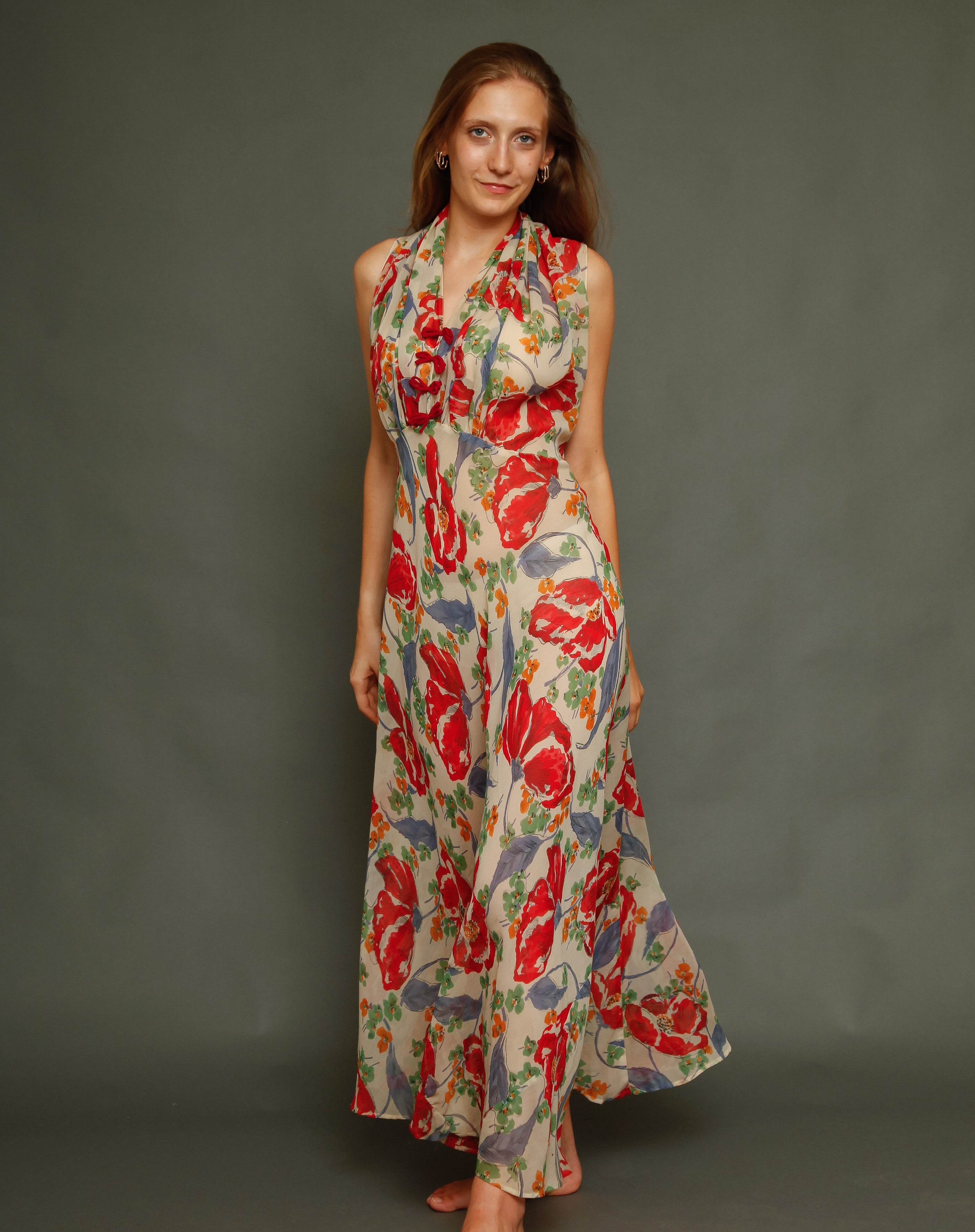 Incredible 30s Silk Chiffon with Poppy Print Dress