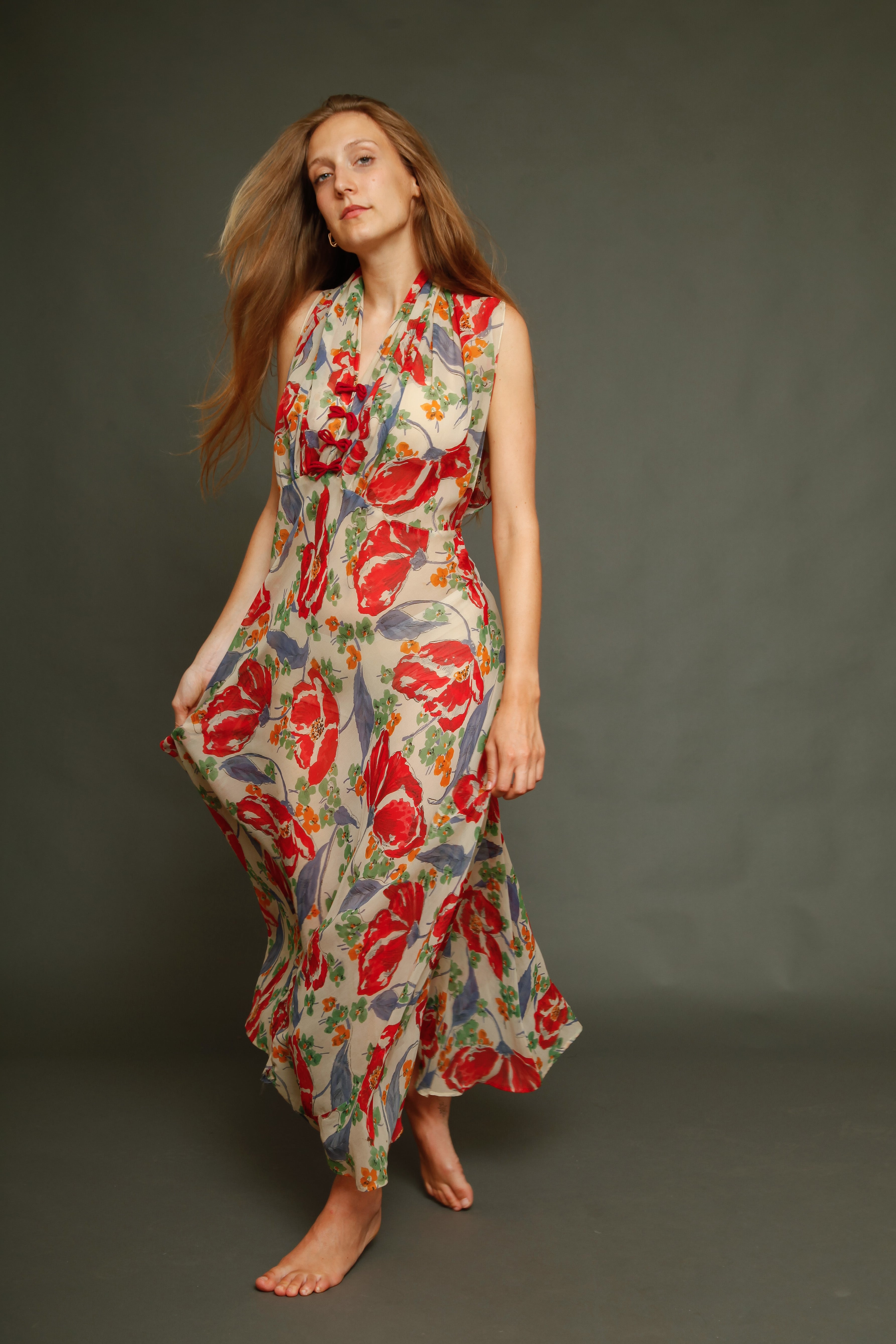 Incredible 30s Silk Chiffon with Poppy Print Dress